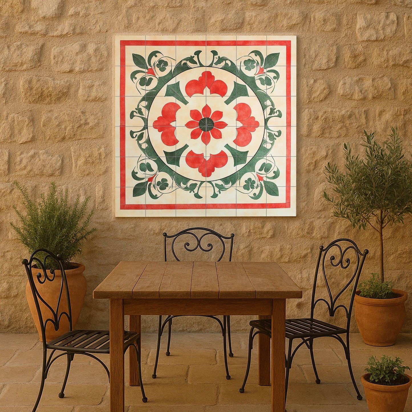 Vietnamese geometric ceramic mural: mosaic of folk ornaments with red and green symmetry, circular floral medallion, artwork with traditional tiles.