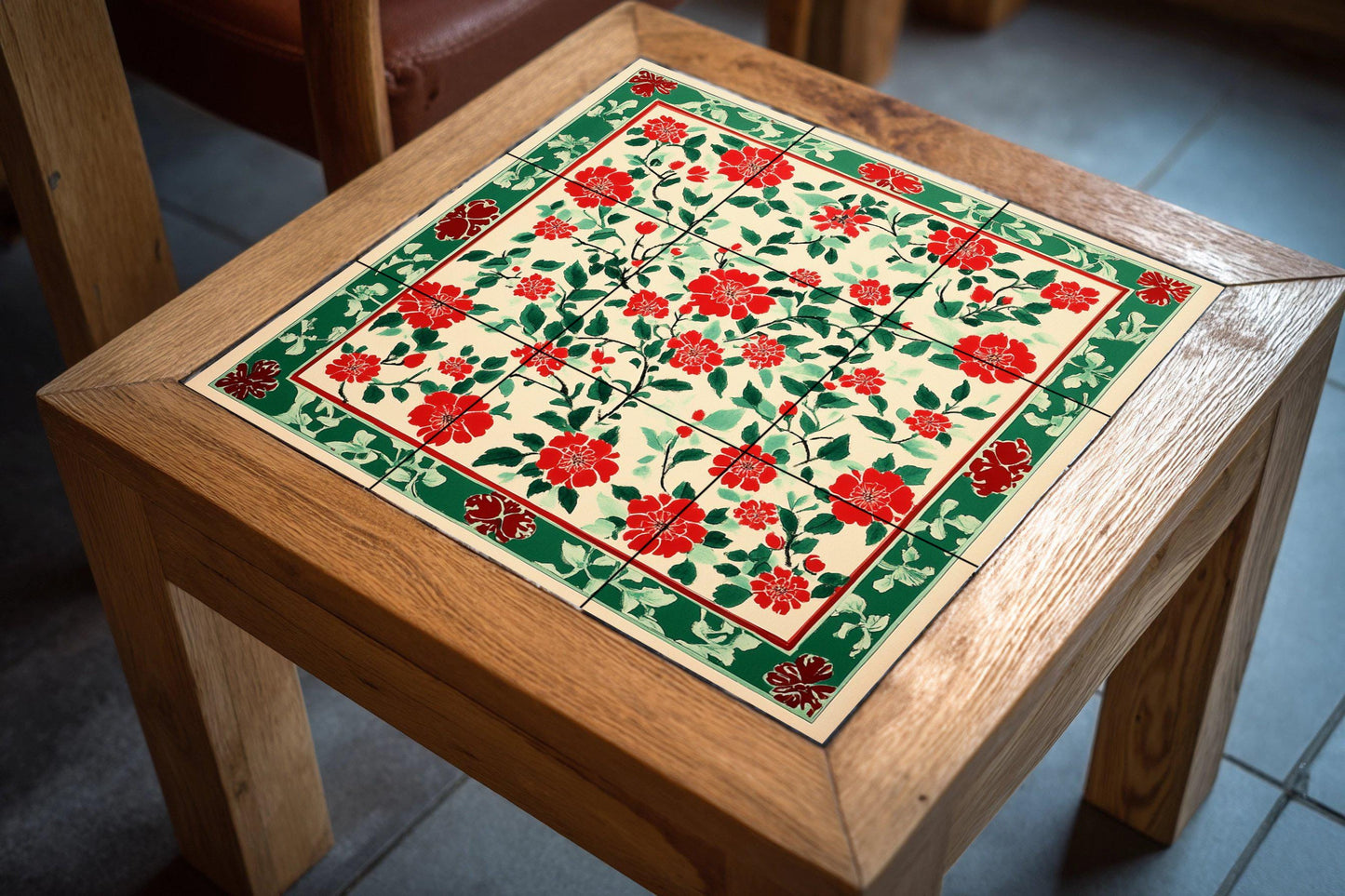Vietnamese ceramic mural Dong Ho: mosaic with popular block print, red floral motifs, green decorative border and tile with design inspired by rice paper.