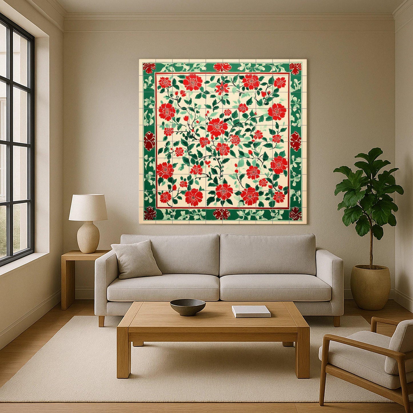 Vietnamese ceramic mural Dong Ho: mosaic with popular block print, red floral motifs, green decorative border and tile with design inspired by rice paper.
