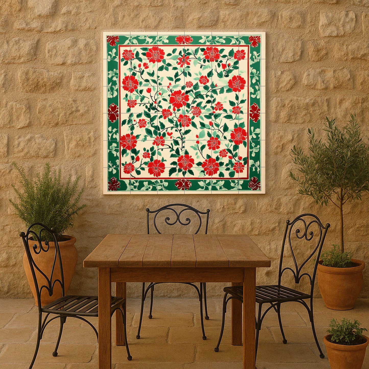 Vietnamese ceramic mural Dong Ho: mosaic with popular block print, red floral motifs, green decorative border and tile with design inspired by rice paper.