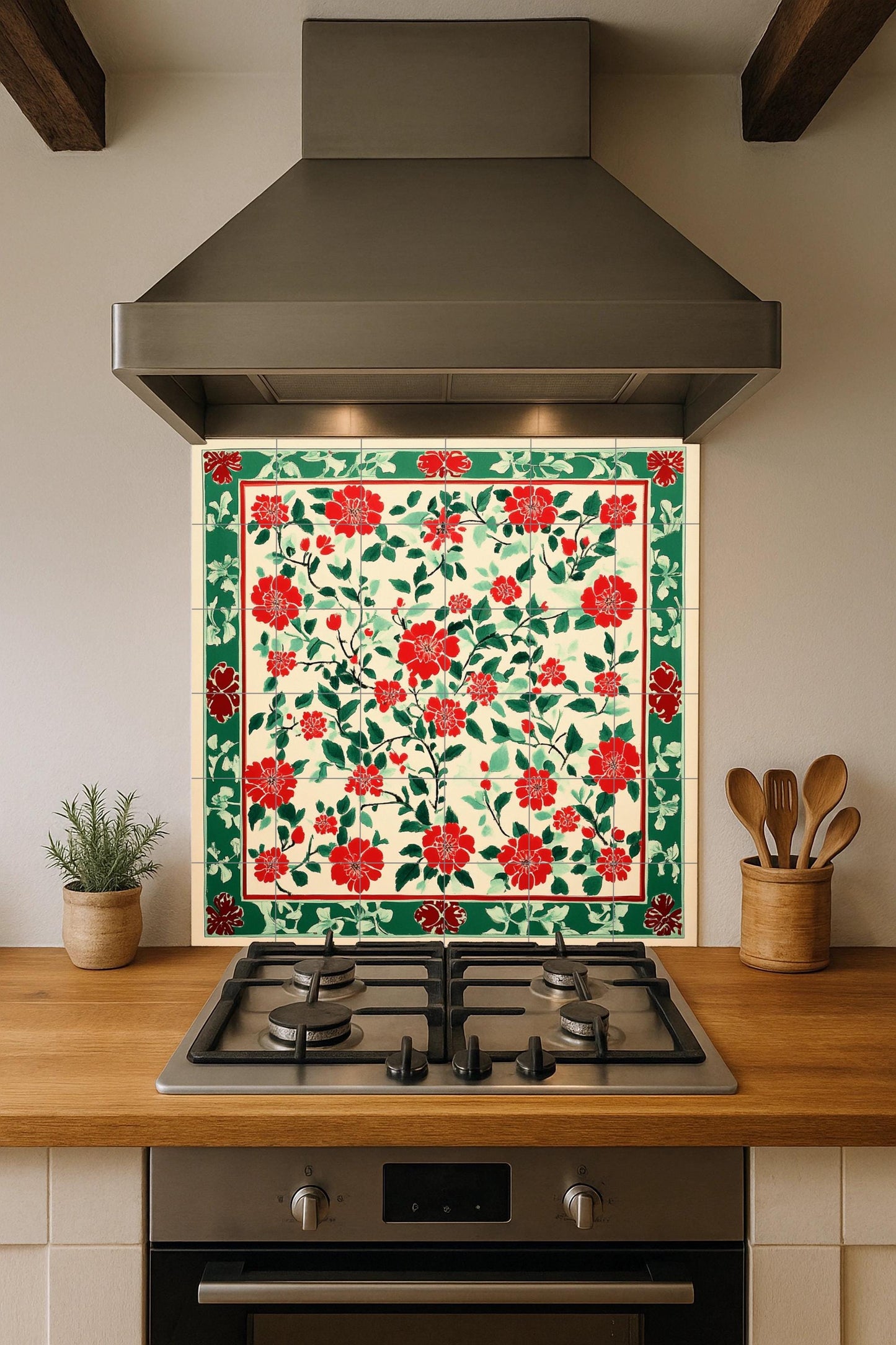 Vietnamese ceramic mural Dong Ho: mosaic with popular block print, red floral motifs, green decorative border and tile with design inspired by rice paper.
