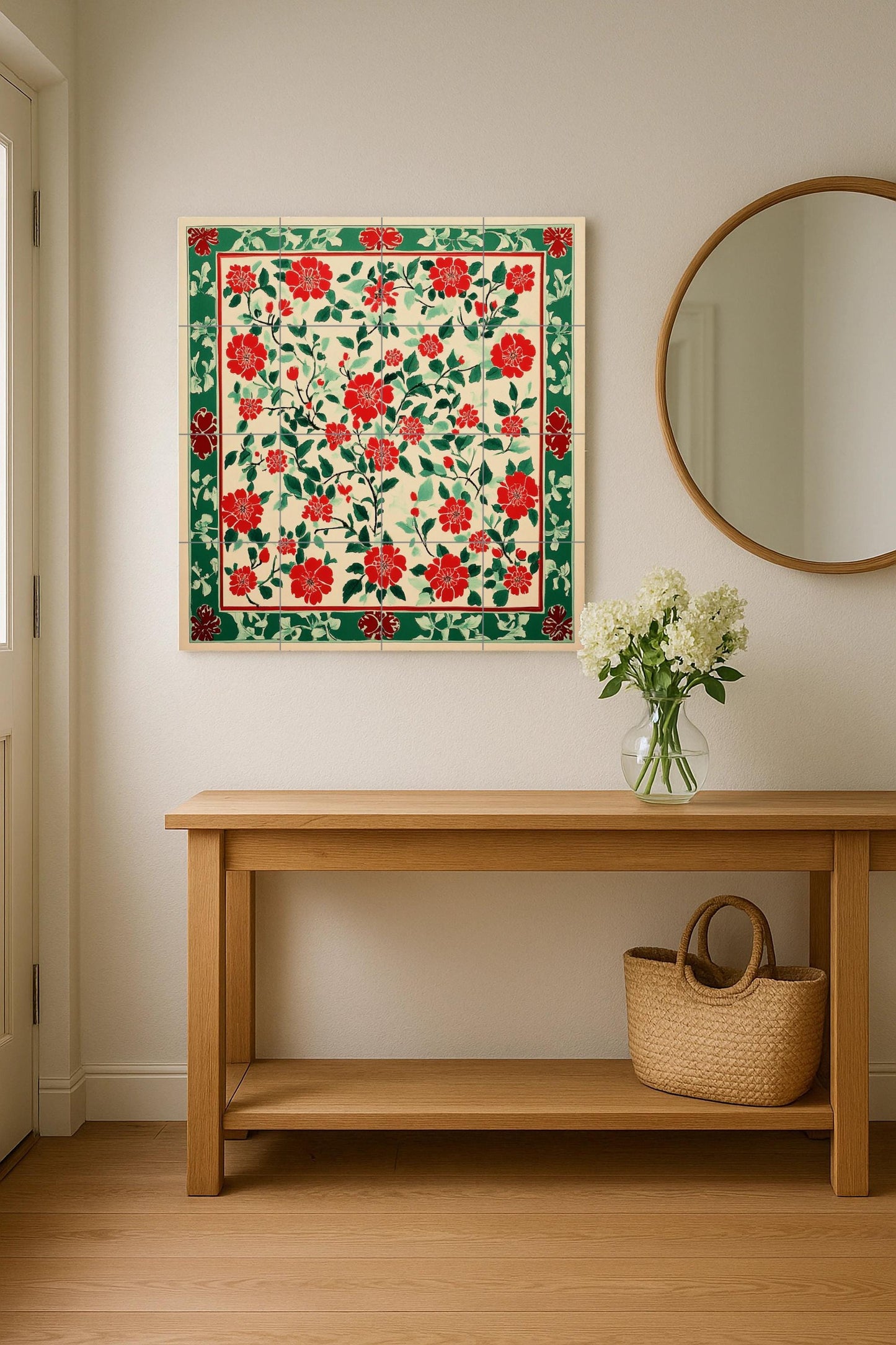 Vietnamese ceramic mural Dong Ho: mosaic with popular block print, red floral motifs, green decorative border and tile with design inspired by rice paper.