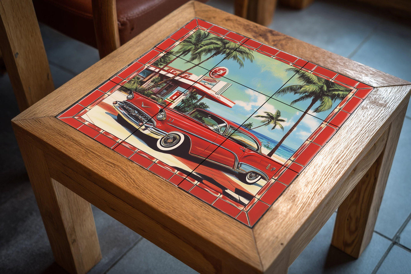 Retro car ceramic mural: classic red car mosaic with old gas station, palm trees, Ocean Drive and nostalgic artwork from the American era.