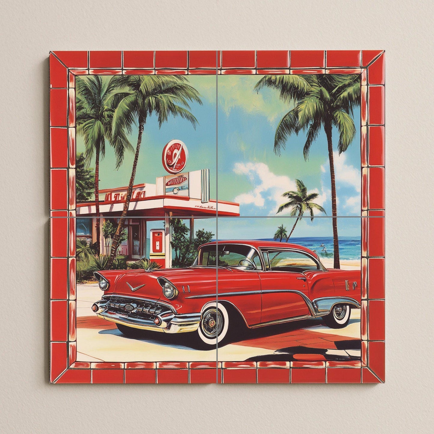 Retro car ceramic mural: classic red car mosaic with old gas station, palm trees, Ocean Drive and nostalgic artwork from the American era.