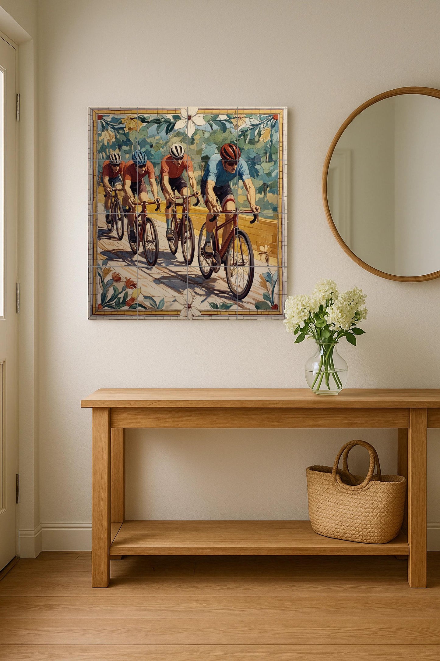 Ceramic mural of a cycling team: dynamic mosaic with racing cyclists, athletic energy, sports artwork, floral border and vibrant tile composition.