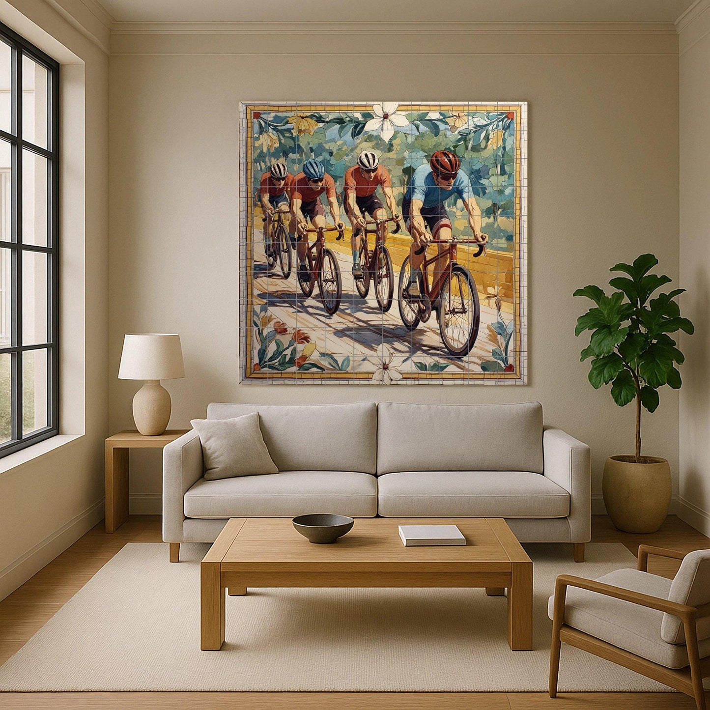 Ceramic mural of a cycling team: dynamic mosaic with racing cyclists, athletic energy, sports artwork, floral border and vibrant tile composition.