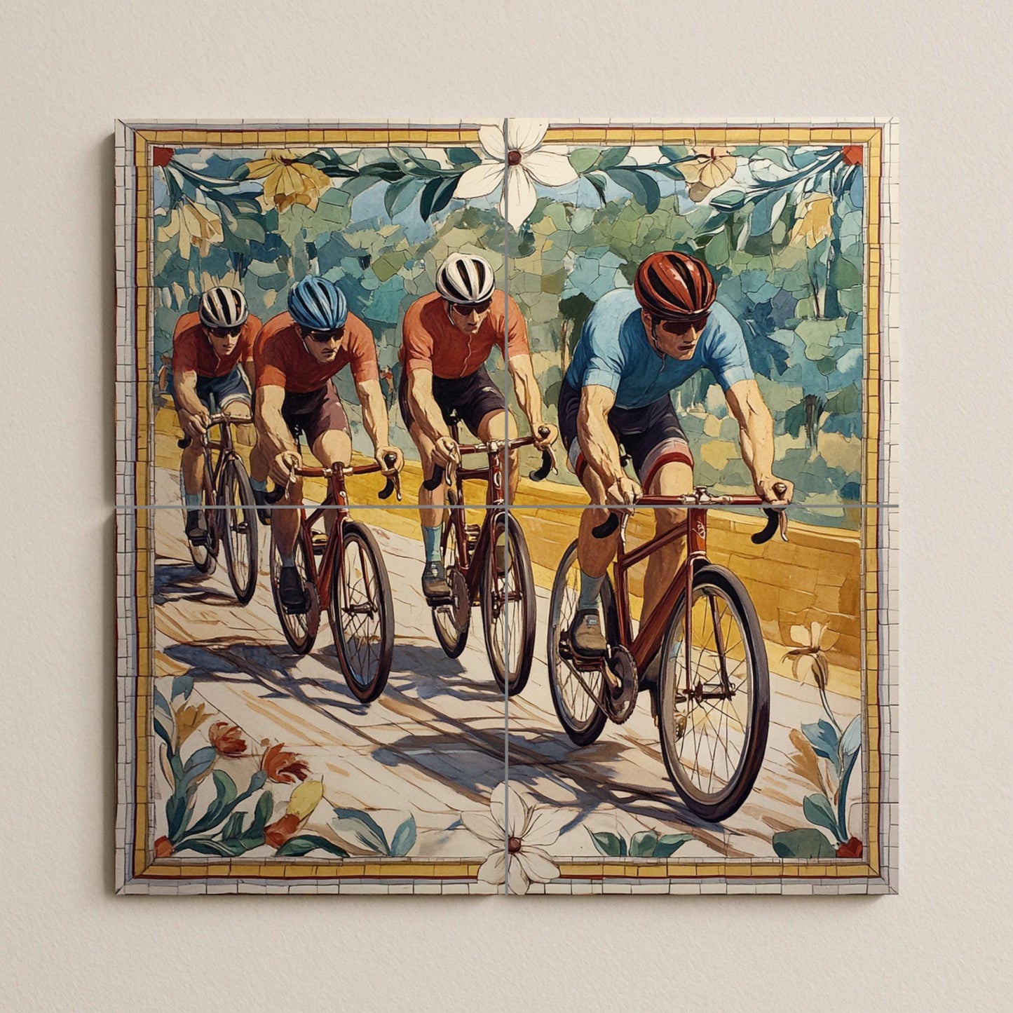 Ceramic mural of a cycling team: dynamic mosaic with racing cyclists, athletic energy, sports artwork, floral border and vibrant tile composition.