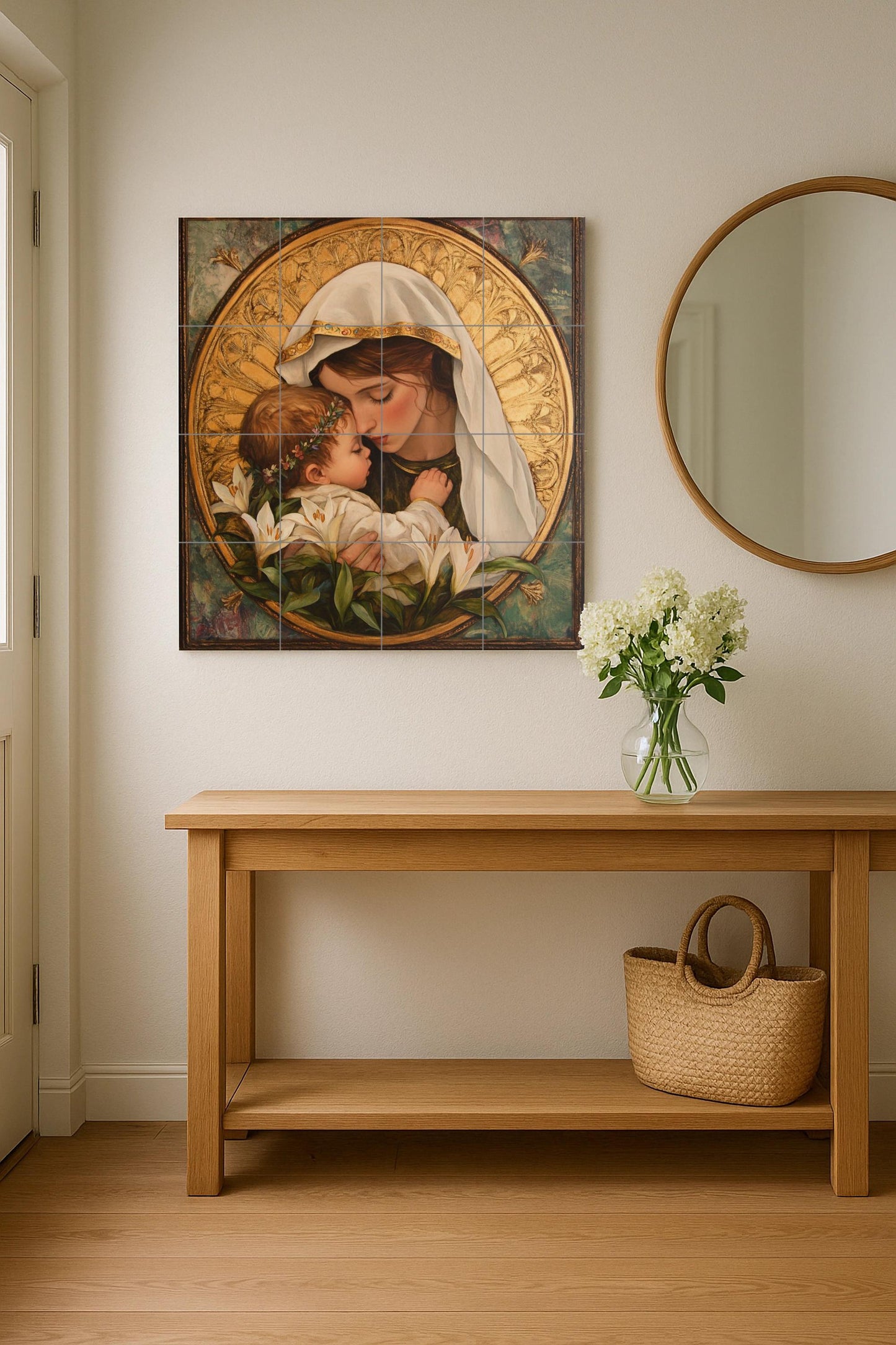 Marian ceramic mural: mosaic of the Virgin and Child with golden halo, white lilies, sacred symbolism, Christian iconography and religious tile.