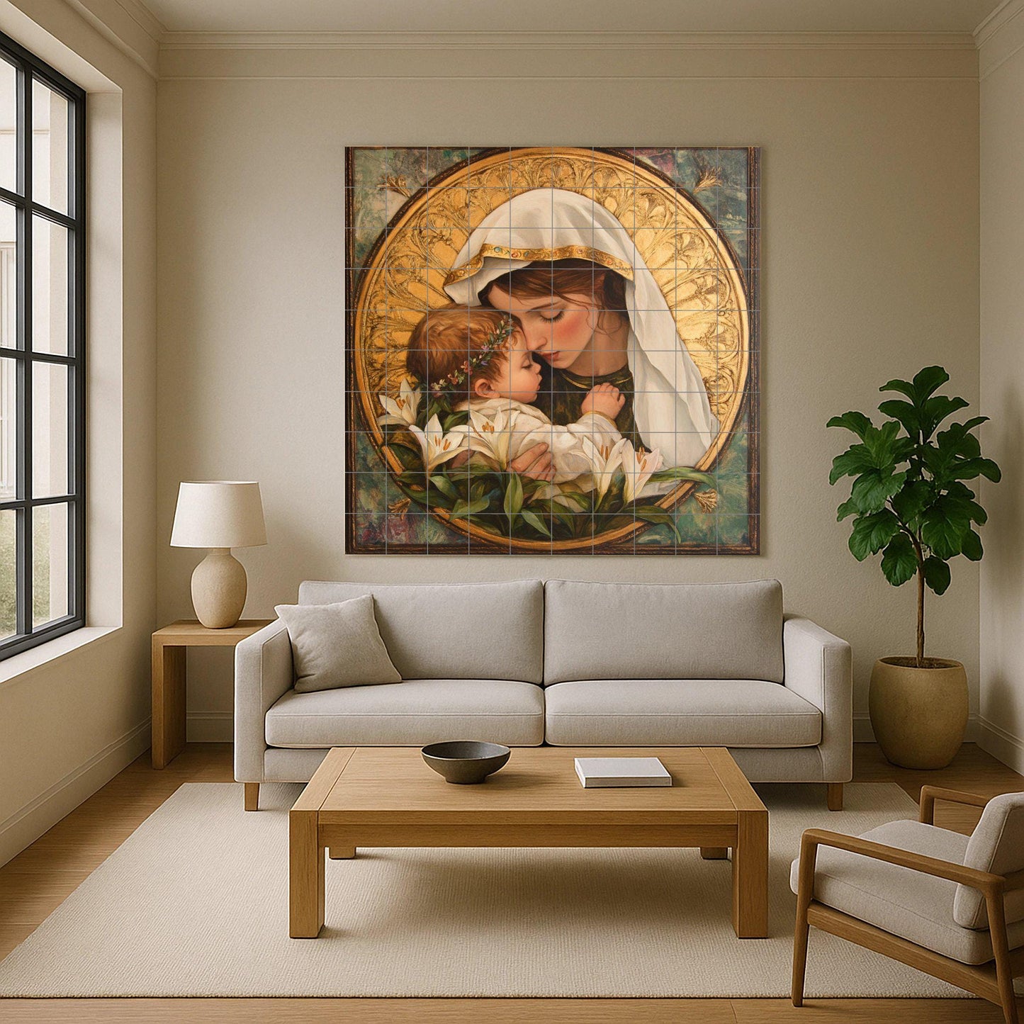 Marian ceramic mural: mosaic of the Virgin and Child with golden halo, white lilies, sacred symbolism, Christian iconography and religious tile.