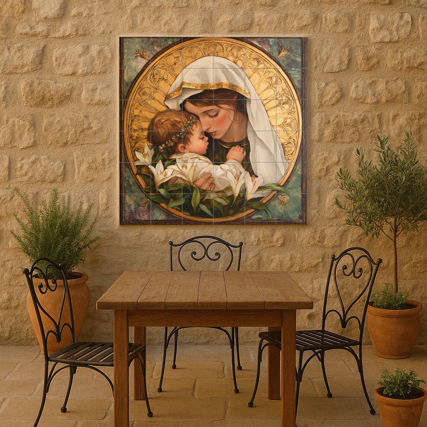 Marian ceramic mural: mosaic of the Virgin and Child with golden halo, white lilies, sacred symbolism, Christian iconography and religious tile.