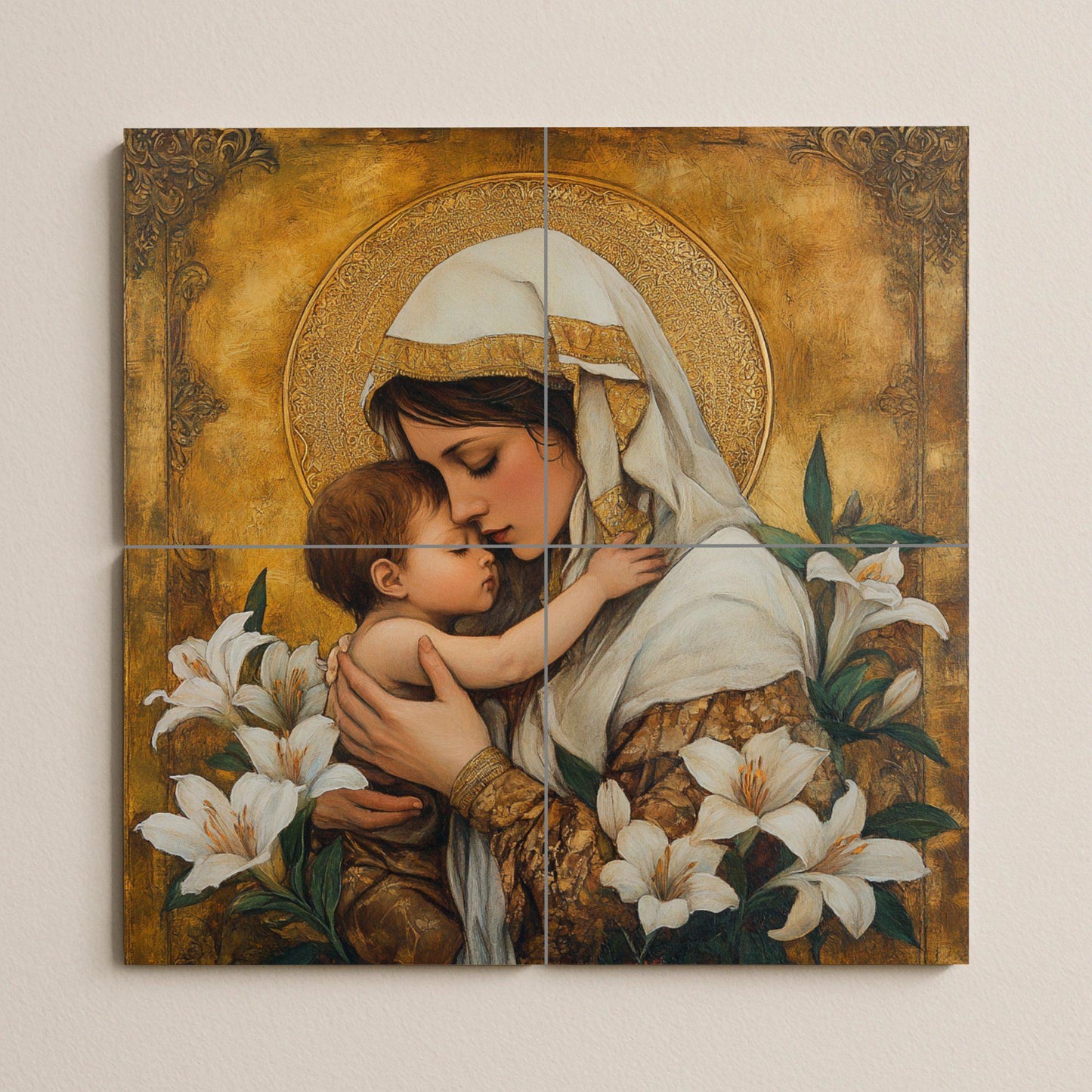 Ceramic mural of the Holy Mother and Child: golden mosaic with embrace, white lilies and ornamental halo, devotional art and timeless religious tile.