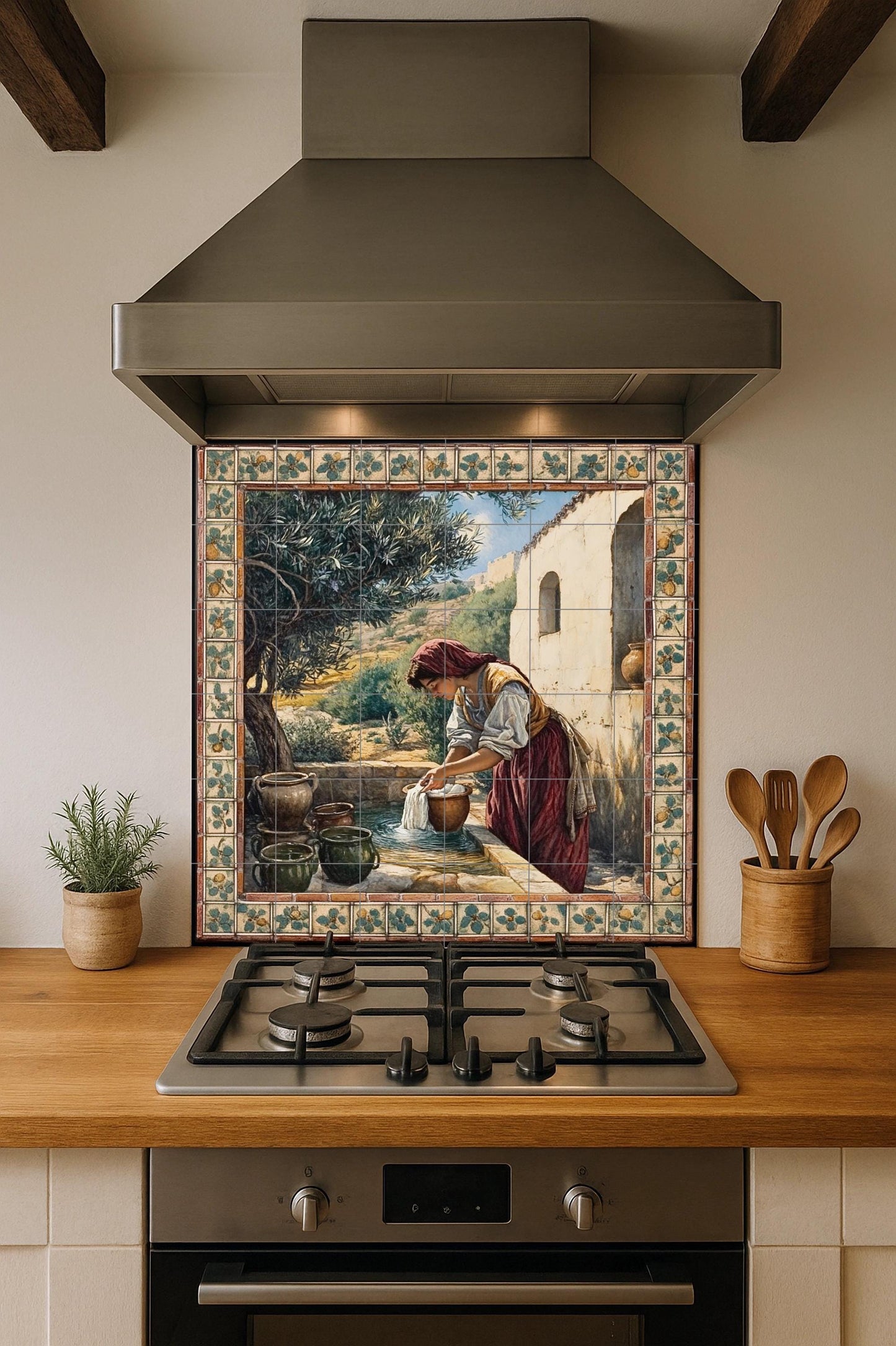 Rustic ceramic mural next to a well: country mosaic with a woman washing a cloth, an olive tree, clay pots, a stone wall and a work of art with pastoral-style tiles.
