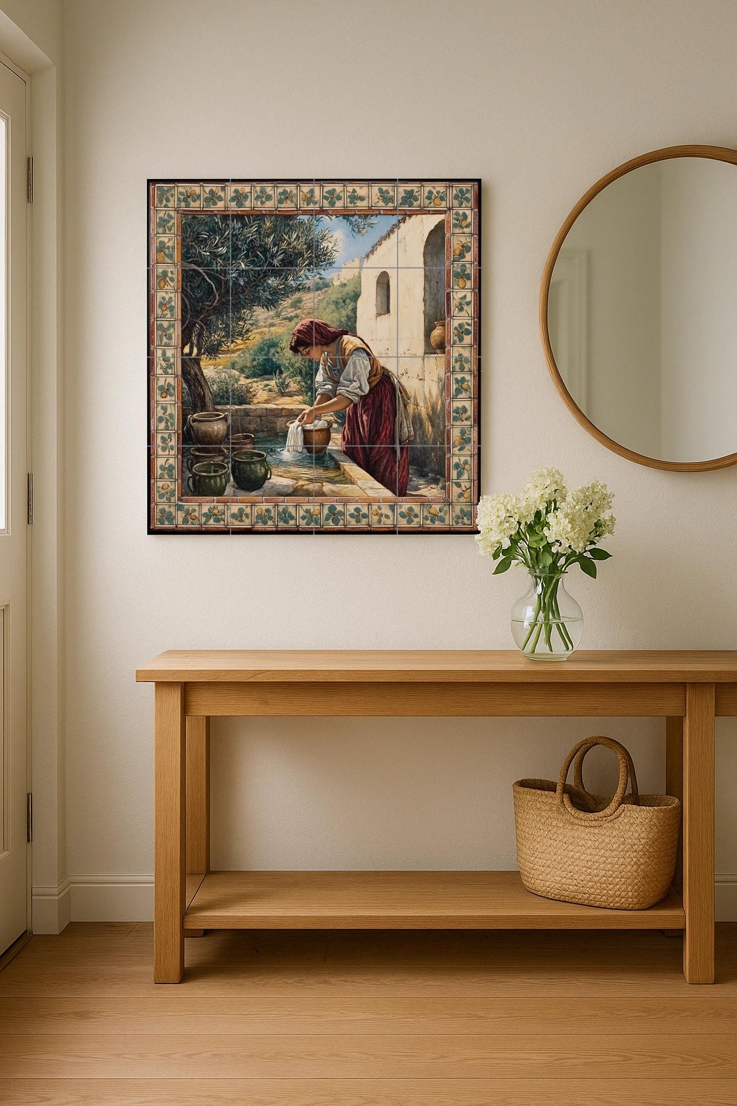 Rustic ceramic mural next to a well: country mosaic with a woman washing a cloth, an olive tree, clay pots, a stone wall and a work of art with pastoral-style tiles.