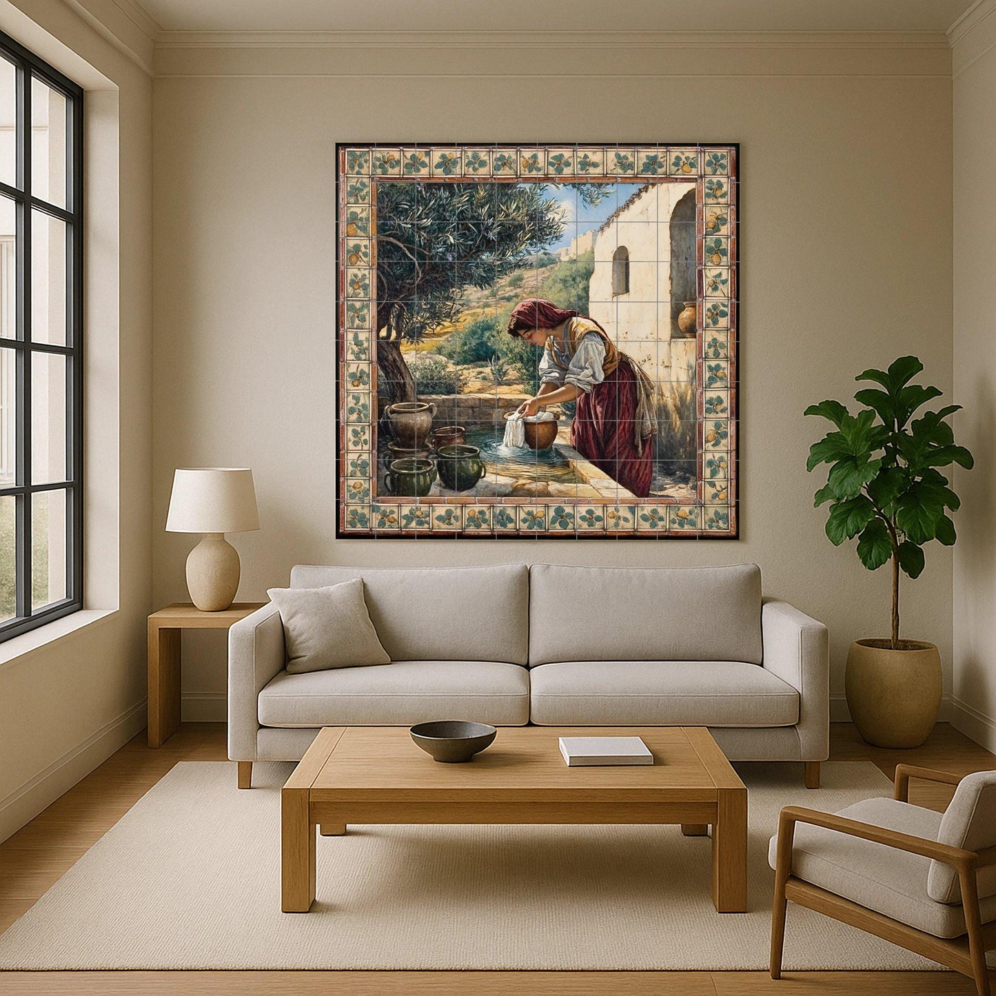 Rustic ceramic mural next to a well: country mosaic with a woman washing a cloth, an olive tree, clay pots, a stone wall and a work of art with pastoral-style tiles.