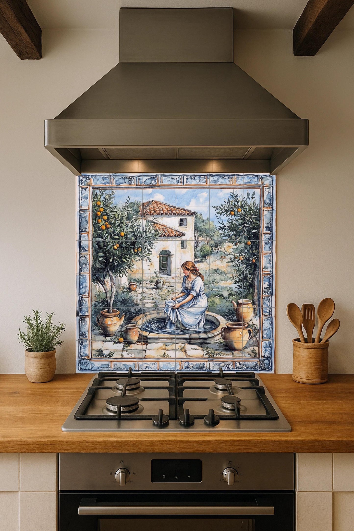 Mediterranean patio ceramic mural: rustic mosaic with woman at a fountain, orange trees, earthenware jars, farmhouse and pastoral style tiles.