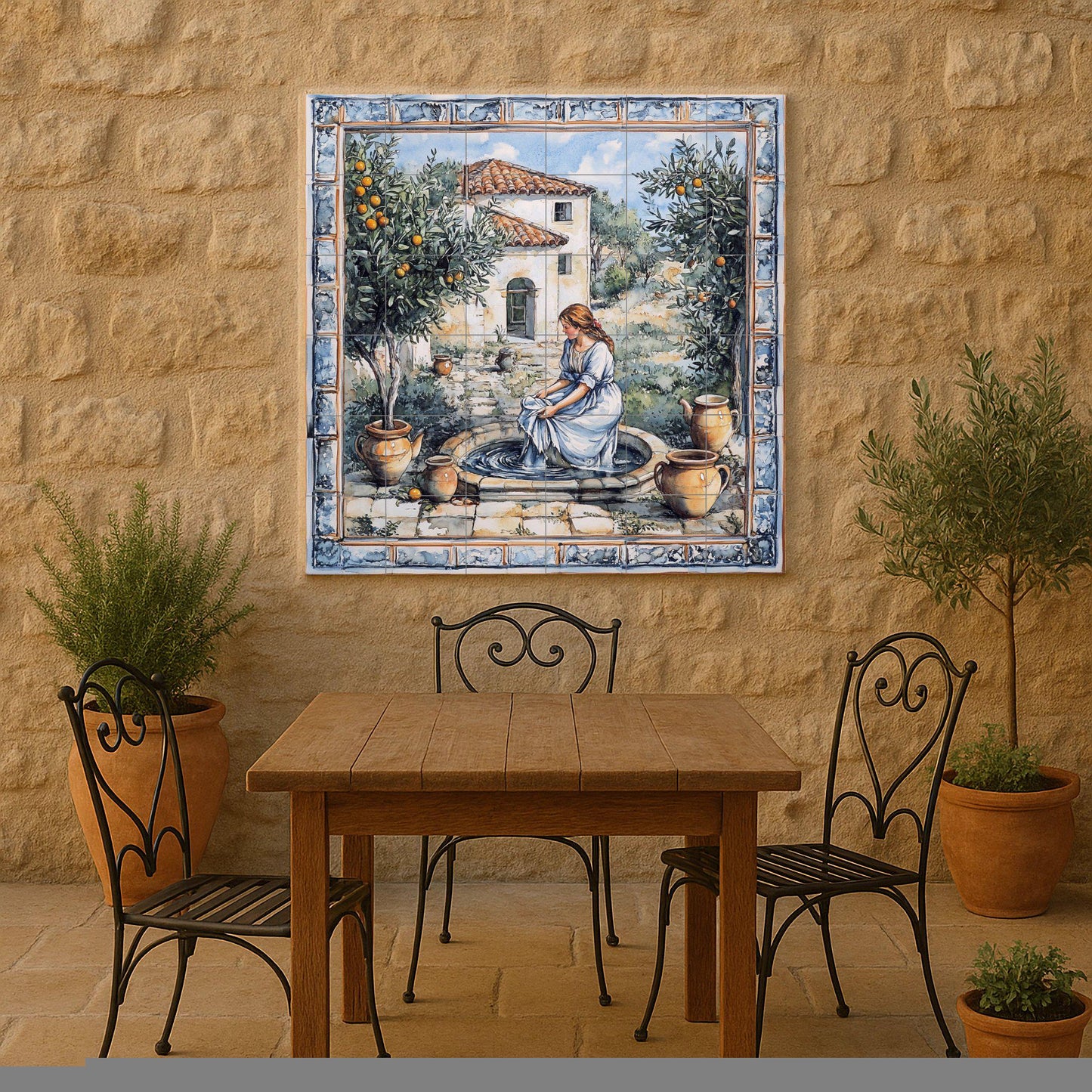 Mediterranean patio ceramic mural: rustic mosaic with woman at a fountain, orange trees, earthenware jars, farmhouse and pastoral style tiles.