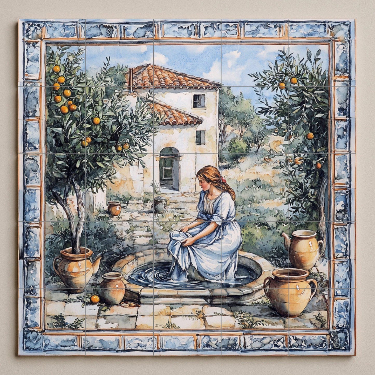 Mediterranean patio ceramic mural: rustic mosaic with woman at a fountain, orange trees, earthenware jars, farmhouse and pastoral style tiles.