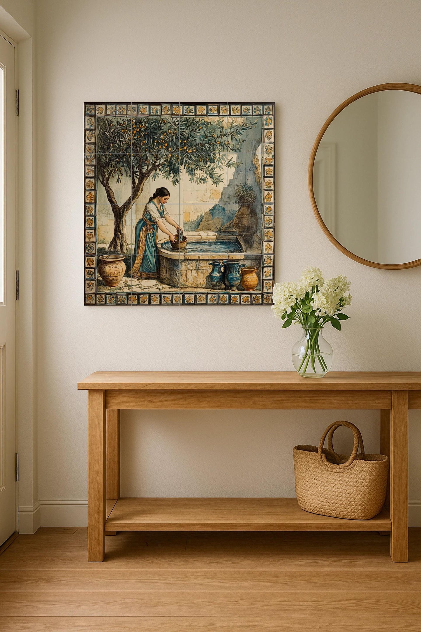 Ceramic mural of a Mediterranean fountain: rustic mosaic with a woman drawing water, an orange tree, earthenware jars, a floral border and timeless style tiles.