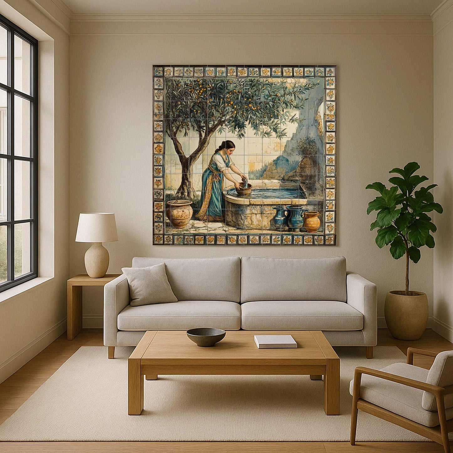 Ceramic mural of a Mediterranean fountain: rustic mosaic with a woman drawing water, an orange tree, earthenware jars, a floral border and timeless style tiles.