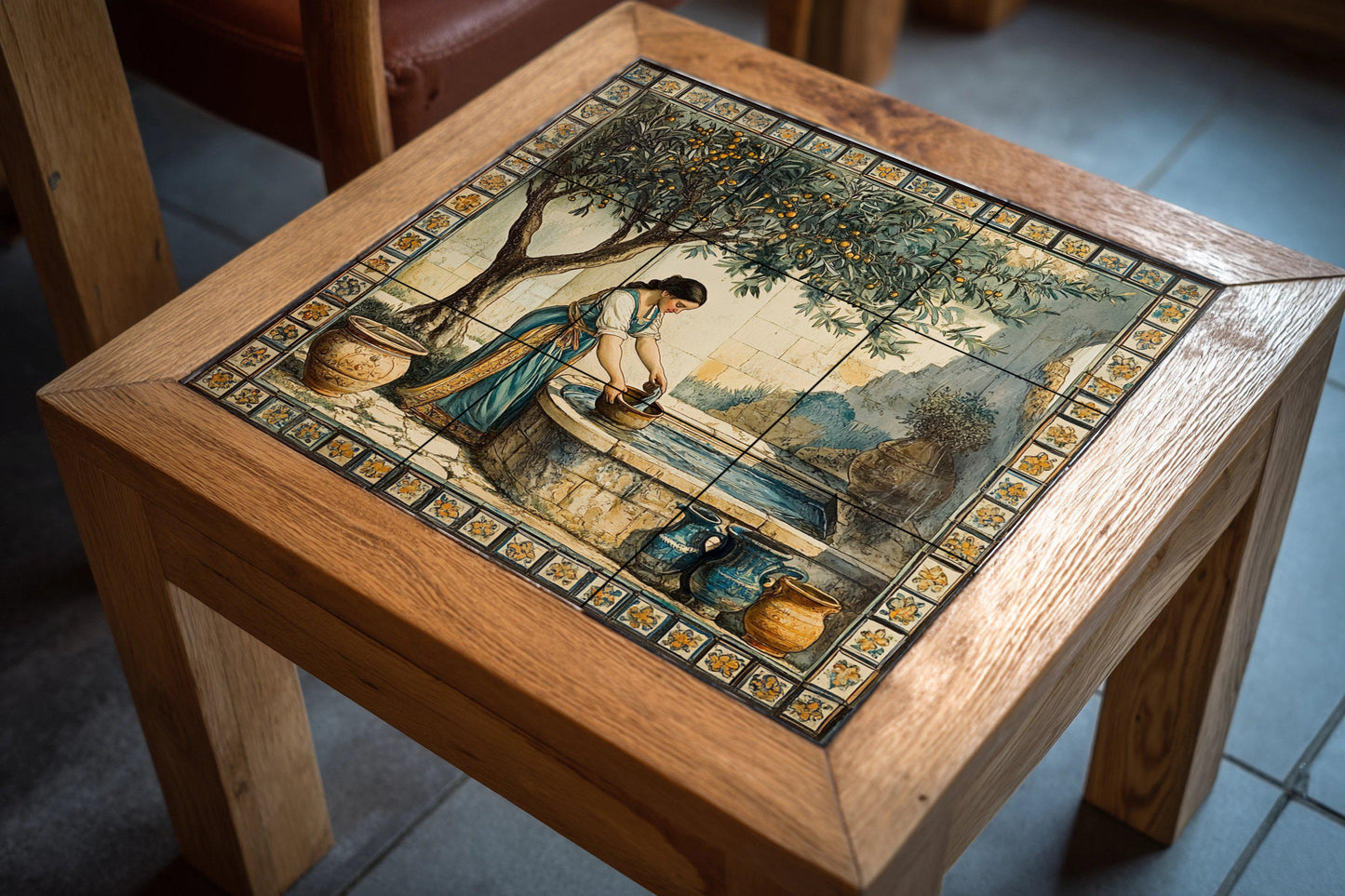 Ceramic mural of a Mediterranean fountain: rustic mosaic with a woman drawing water, an orange tree, earthenware jars, a floral border and timeless style tiles.