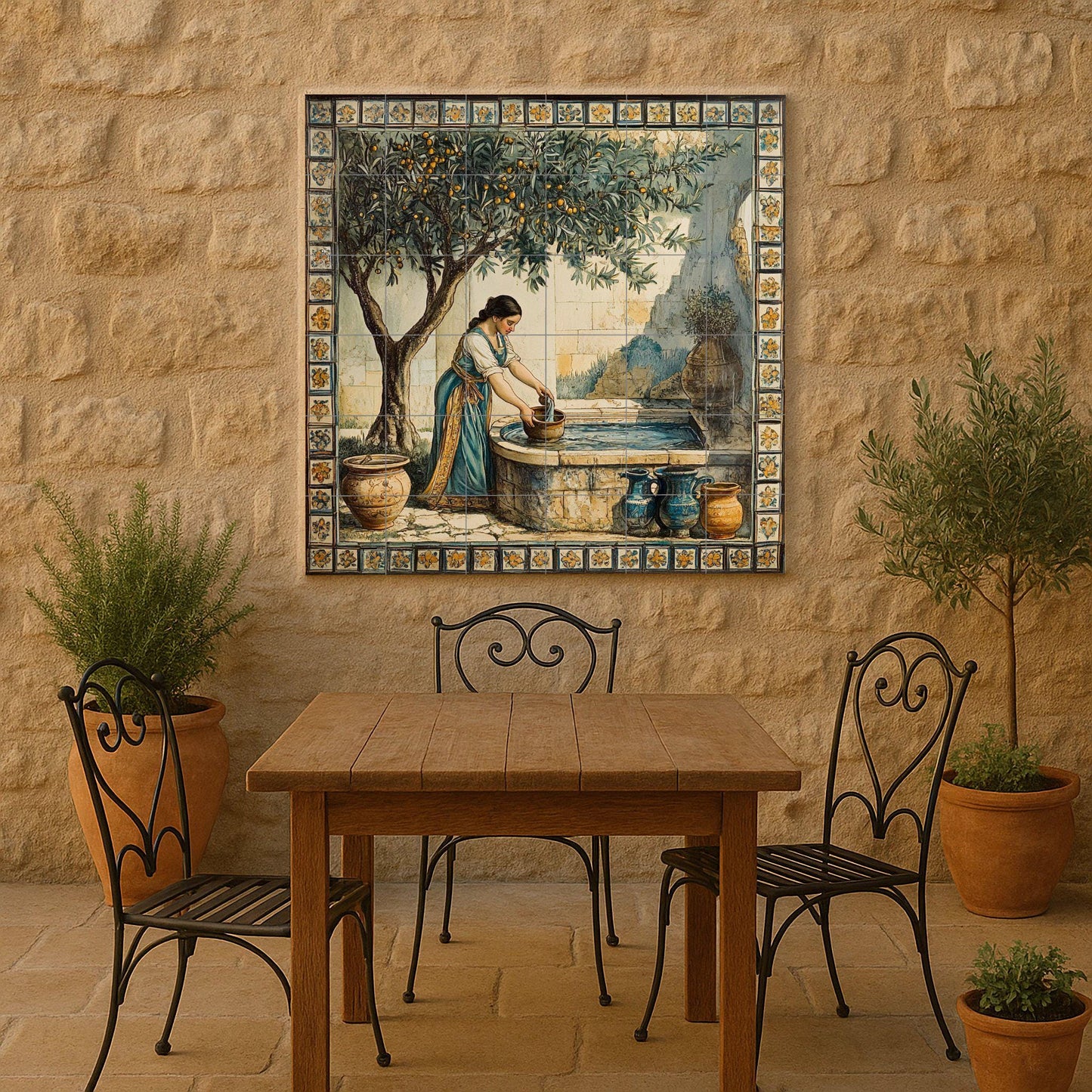 Ceramic mural of a Mediterranean fountain: rustic mosaic with a woman drawing water, an orange tree, earthenware jars, a floral border and timeless style tiles.