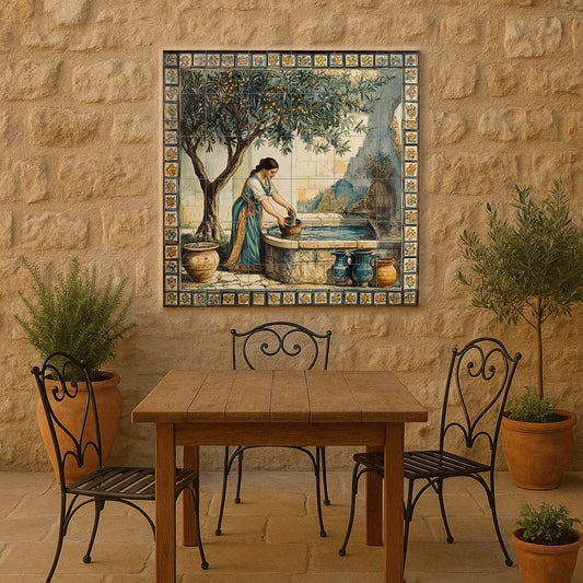 Ceramic mural of a Mediterranean fountain: rustic mosaic with a woman drawing water, an orange tree, earthenware jars, a floral border and timeless style tiles.
