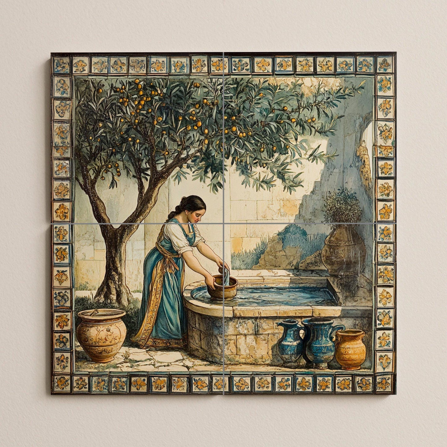 Ceramic mural of a Mediterranean fountain: rustic mosaic with a woman drawing water, an orange tree, earthenware jars, a floral border and timeless style tiles.