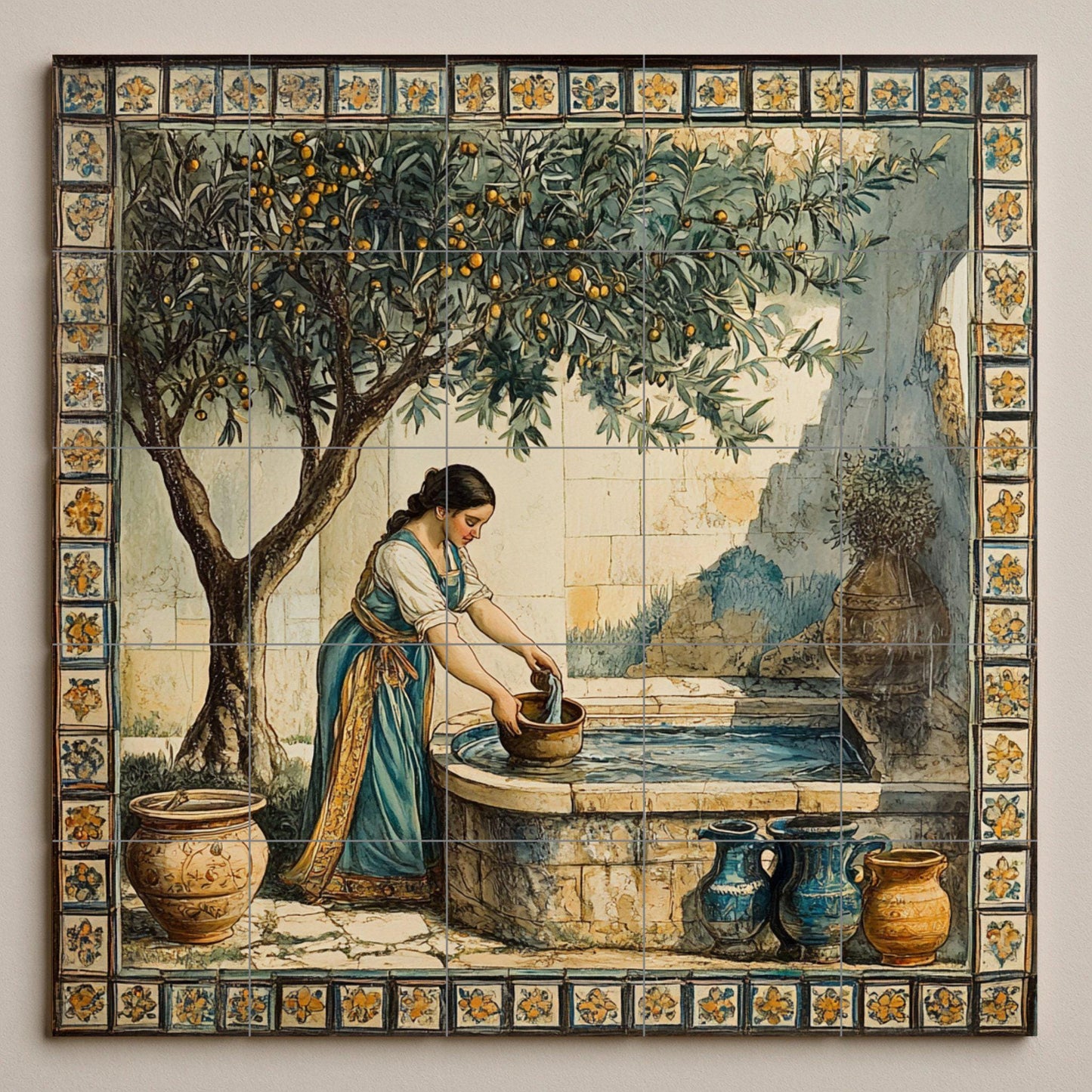 Ceramic mural of a Mediterranean fountain: rustic mosaic with a woman drawing water, an orange tree, earthenware jars, a floral border and timeless style tiles.