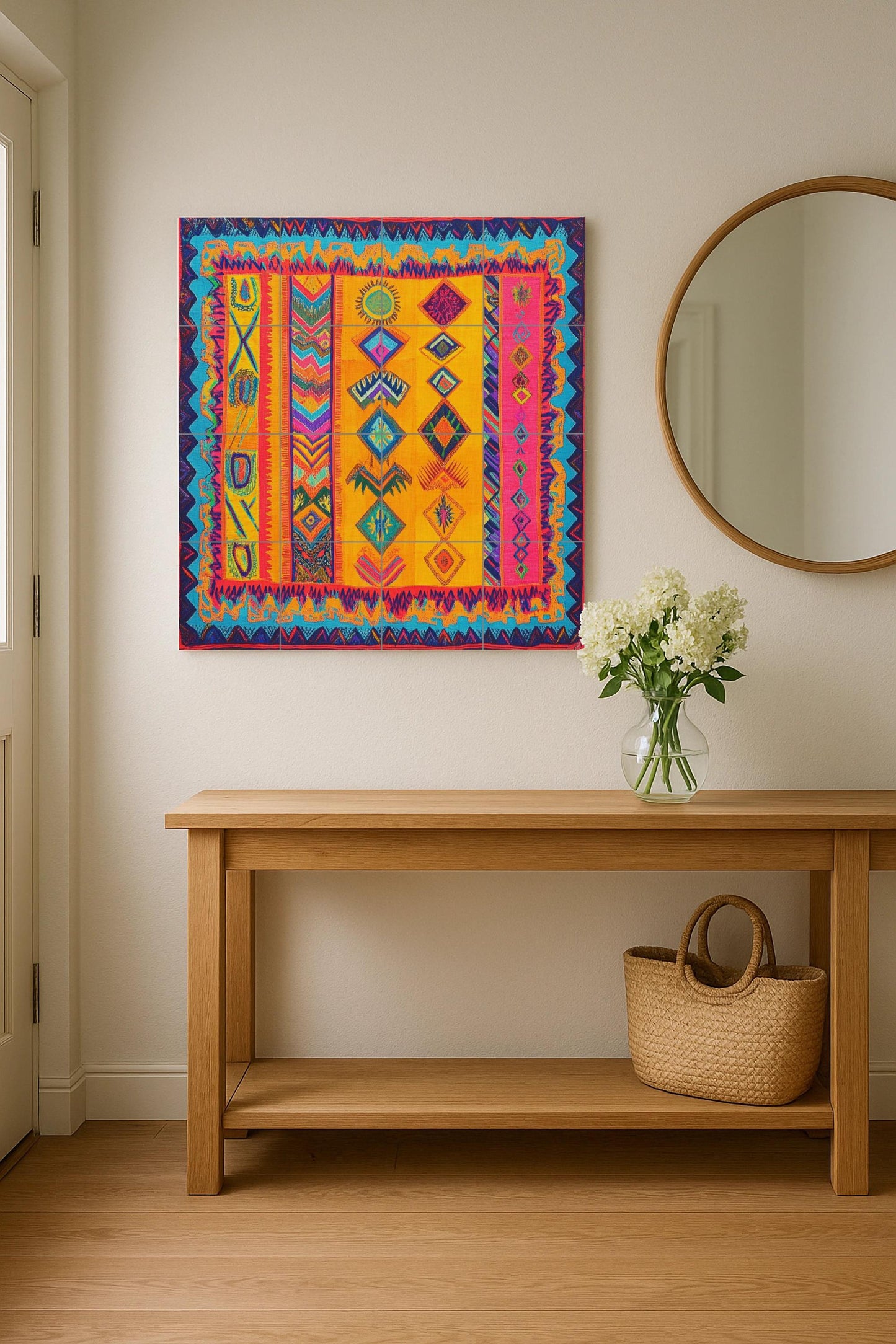 Wayuu ceramic textile mural: vibrant mosaic with tribal symbols, geometric zigzags, a border inspired by backpacks and colorful handcrafted tiles.