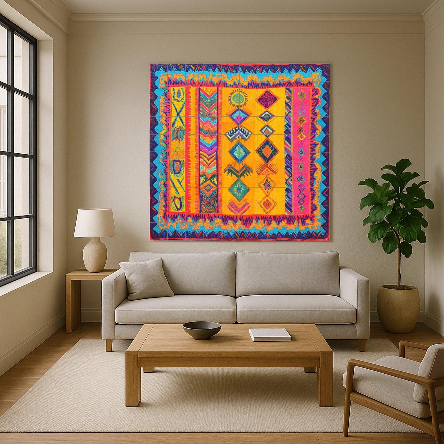 Wayuu ceramic textile mural: vibrant mosaic with tribal symbols, geometric zigzags, a border inspired by backpacks and colorful handcrafted tiles.