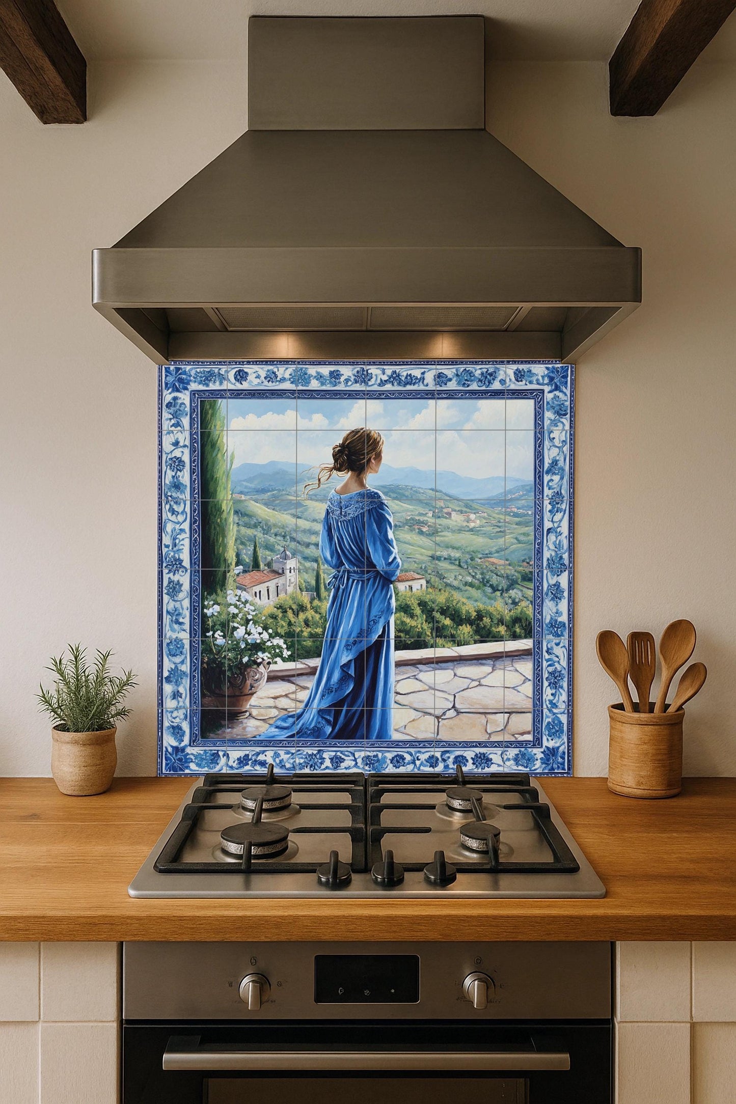 Ceramic mural "The Blue Lady": elegant mosaic with a woman in a flowing dress, terrace view, rolling hills, ornamental floral border and scenic tiles.