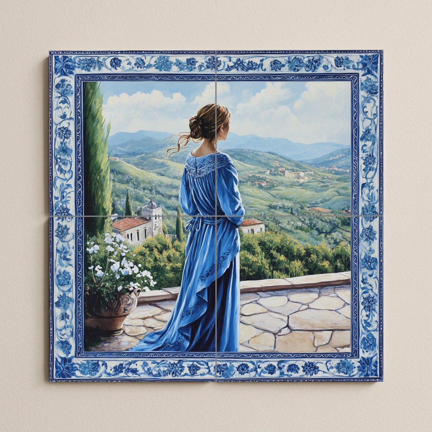 Ceramic mural "The Blue Lady": elegant mosaic with a woman in a flowing dress, terrace view, rolling hills, ornamental floral border and scenic tiles.