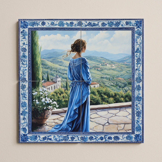 Ceramic mural "The Blue Lady": elegant mosaic with a woman in a flowing dress, terrace view, rolling hills, ornamental floral border and scenic tiles.