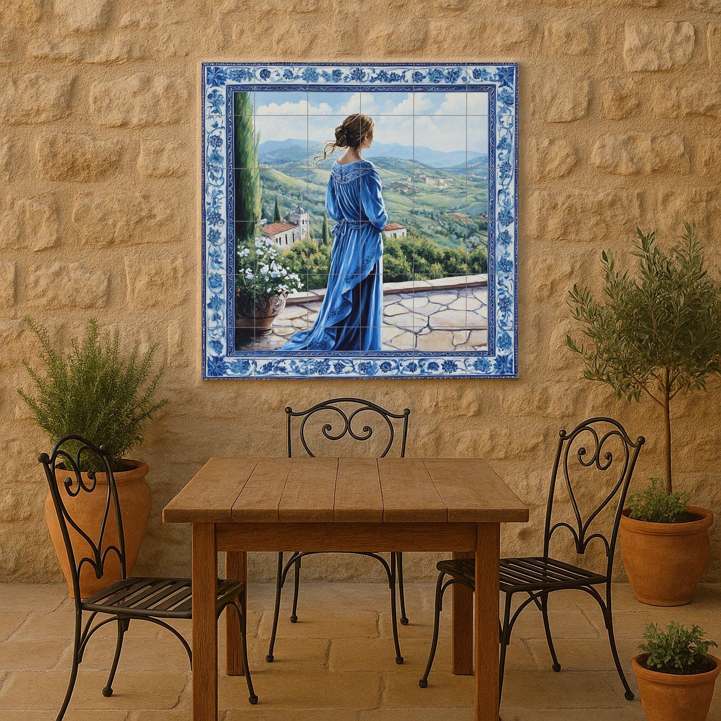 Ceramic mural "The Blue Lady": elegant mosaic with a woman in a flowing dress, terrace view, rolling hills, ornamental floral border and scenic tiles.