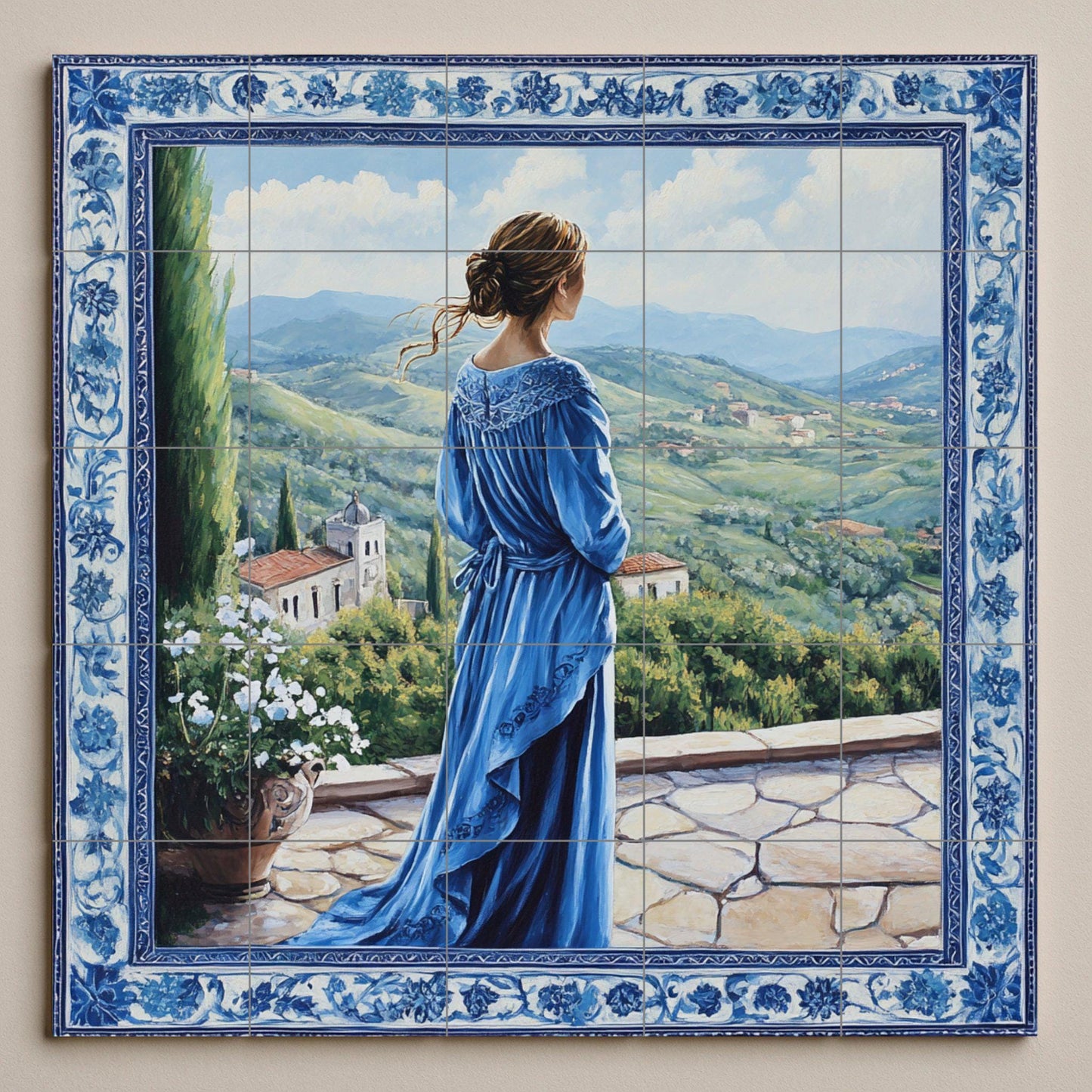 Ceramic mural "The Blue Lady": elegant mosaic with a woman in a flowing dress, terrace view, rolling hills, ornamental floral border and scenic tiles.