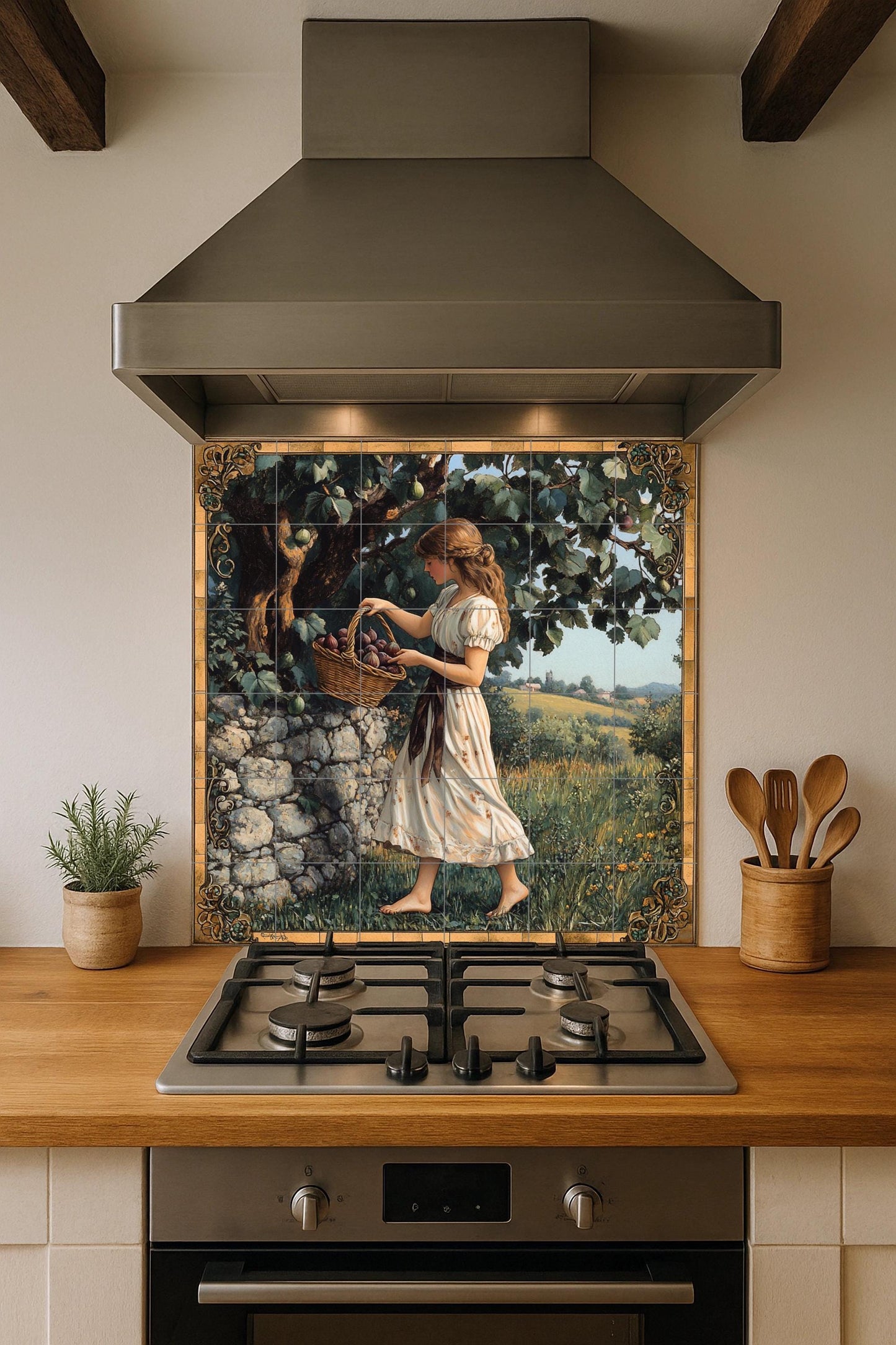 Ceramic mural of the plum harvest: rustic country mosaic with young woman, fruit basket, stone wall, decorative frame and pastoral artwork.