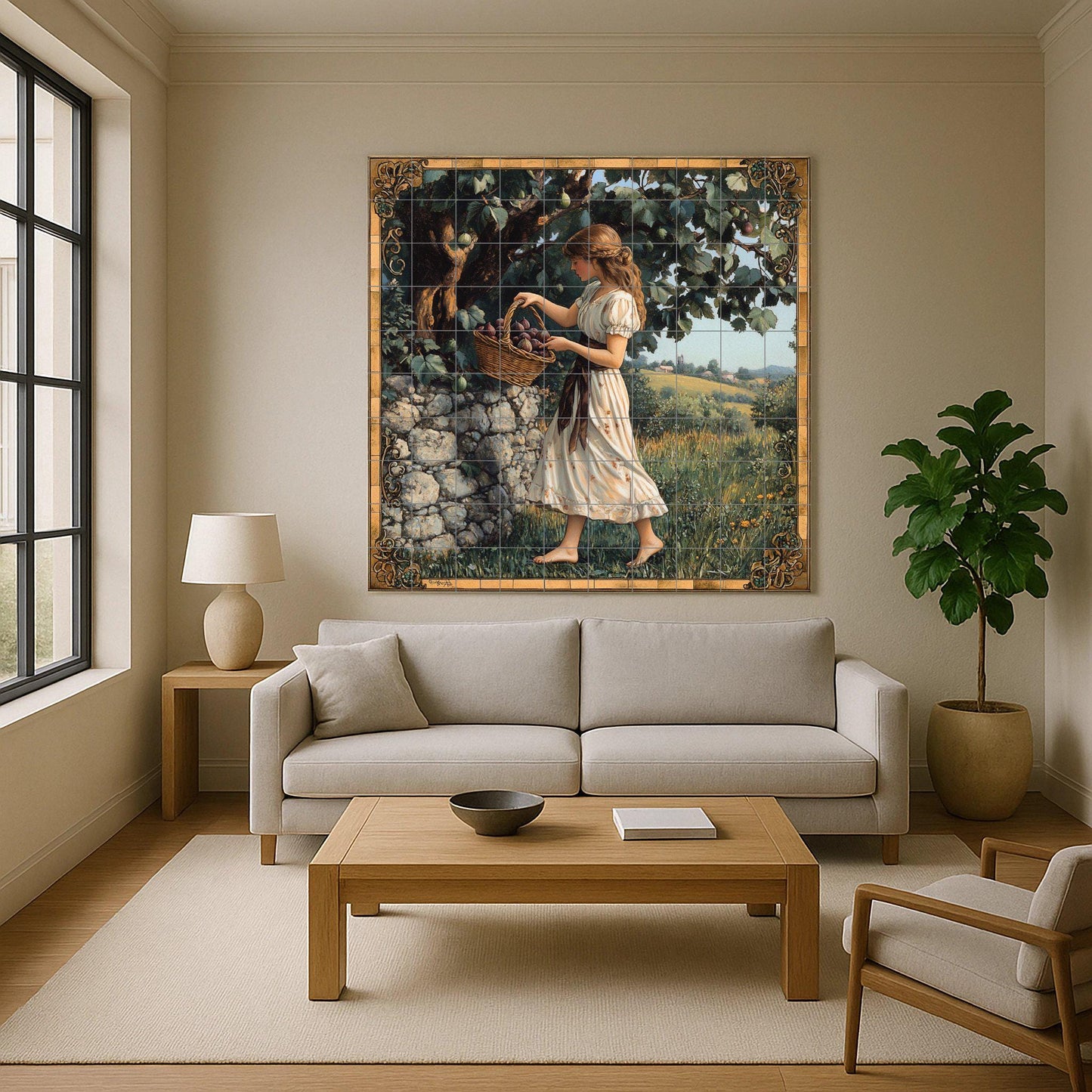 Ceramic mural of the plum harvest: rustic country mosaic with young woman, fruit basket, stone wall, decorative frame and pastoral artwork.