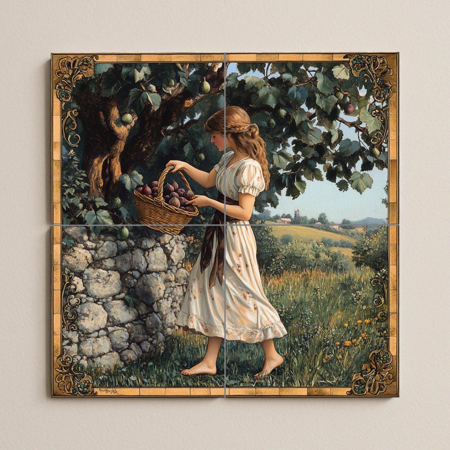 Ceramic mural of the plum harvest: rustic country mosaic with young woman, fruit basket, stone wall, decorative frame and pastoral artwork.