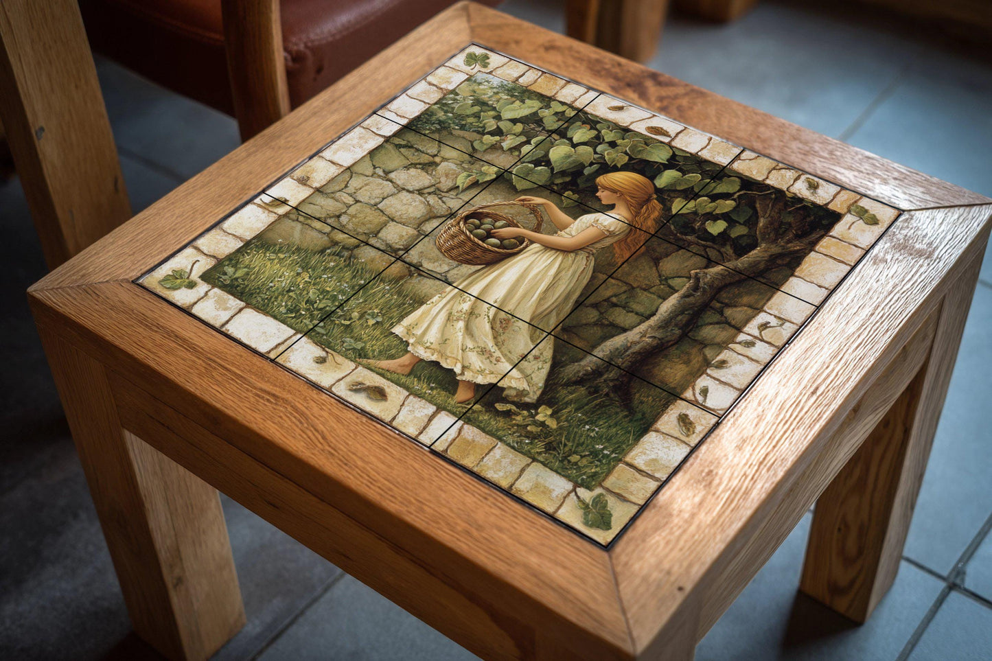 Ceramic mural of apple harvest: rustic country mosaic with young woman, fruit basket, stone wall and decorative pastoral tiles.