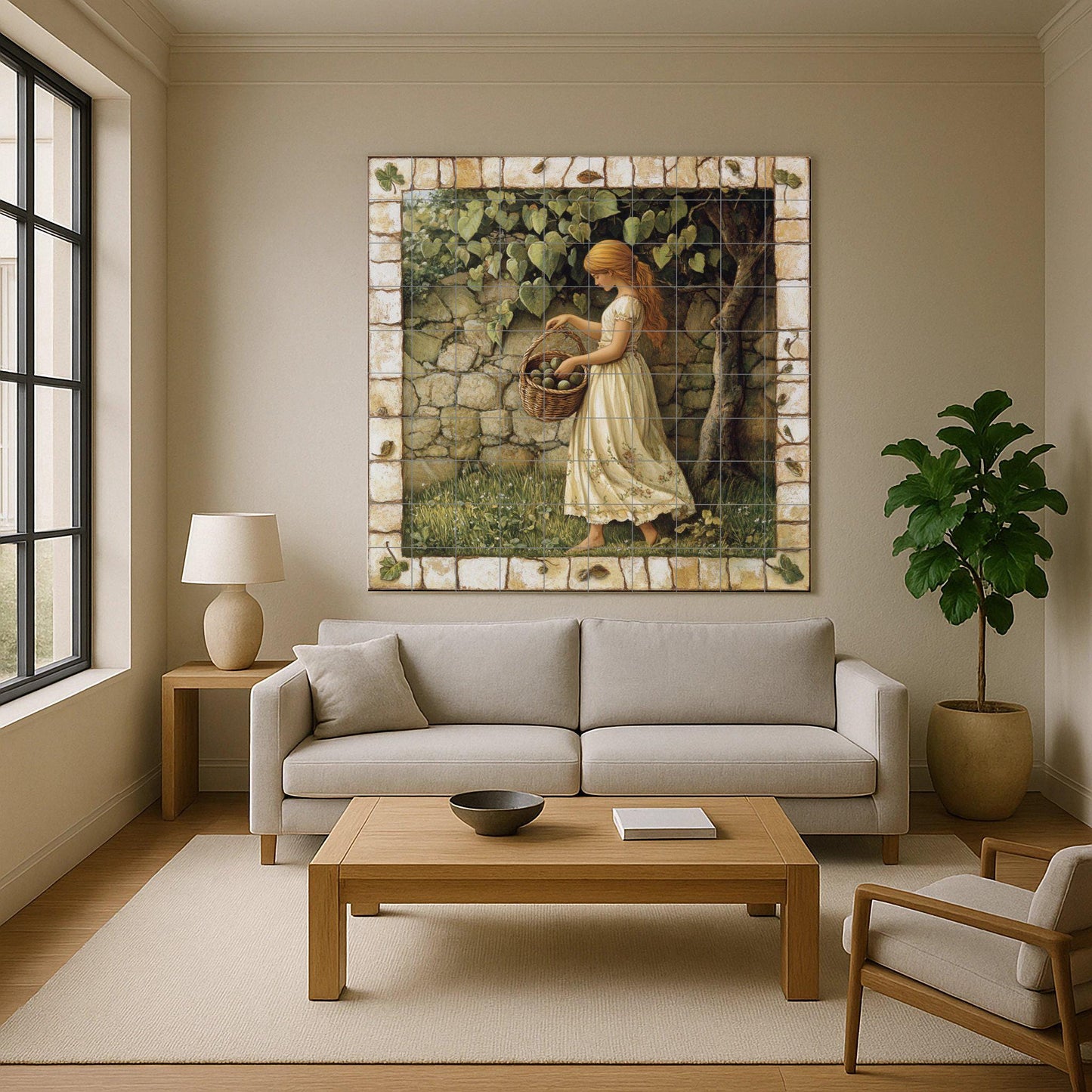 Ceramic mural of apple harvest: rustic country mosaic with young woman, fruit basket, stone wall and decorative pastoral tiles.