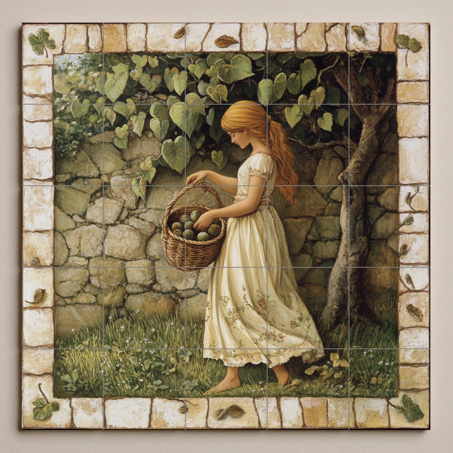 Ceramic mural of apple harvest: rustic country mosaic with young woman, fruit basket, stone wall and decorative pastoral tiles.