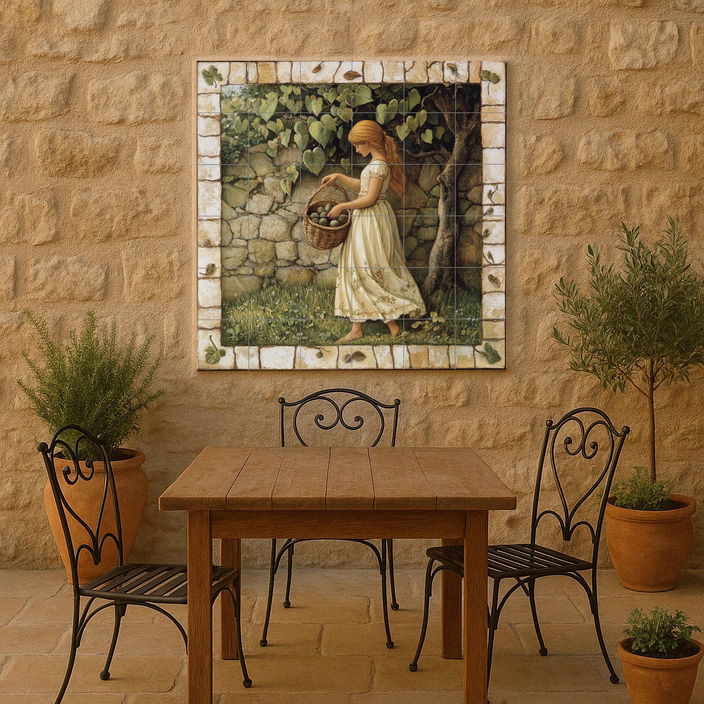 Ceramic mural of apple harvest: rustic country mosaic with young woman, fruit basket, stone wall and decorative pastoral tiles.