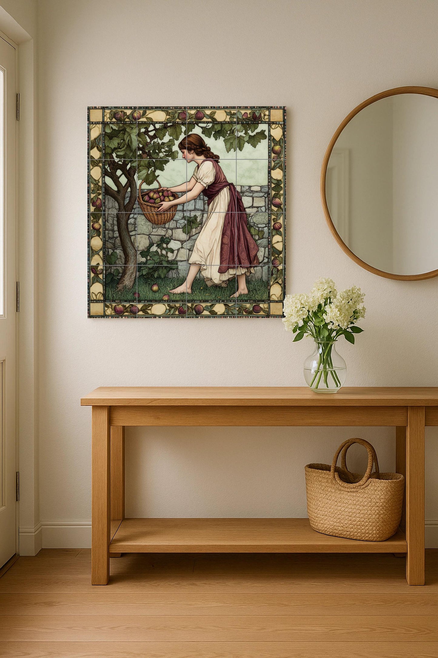 Ceramic mural of the fig harvest: rustic mosaic with a young woman picking fruit, a fruit tree, a stone wall, a decorative border and a bucolic artwork.