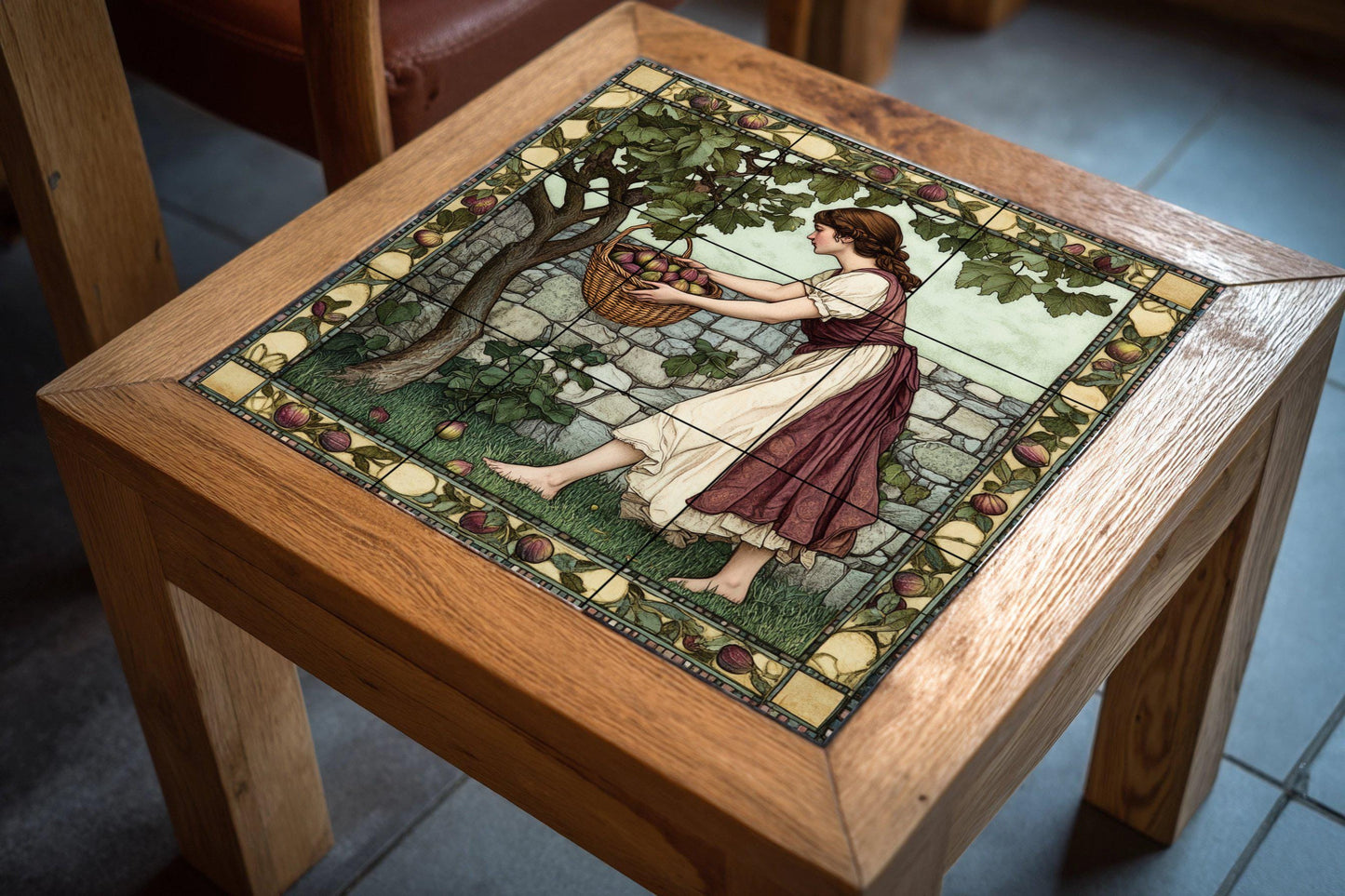 Ceramic mural of the fig harvest: rustic mosaic with a young woman picking fruit, a fruit tree, a stone wall, a decorative border and a bucolic artwork.