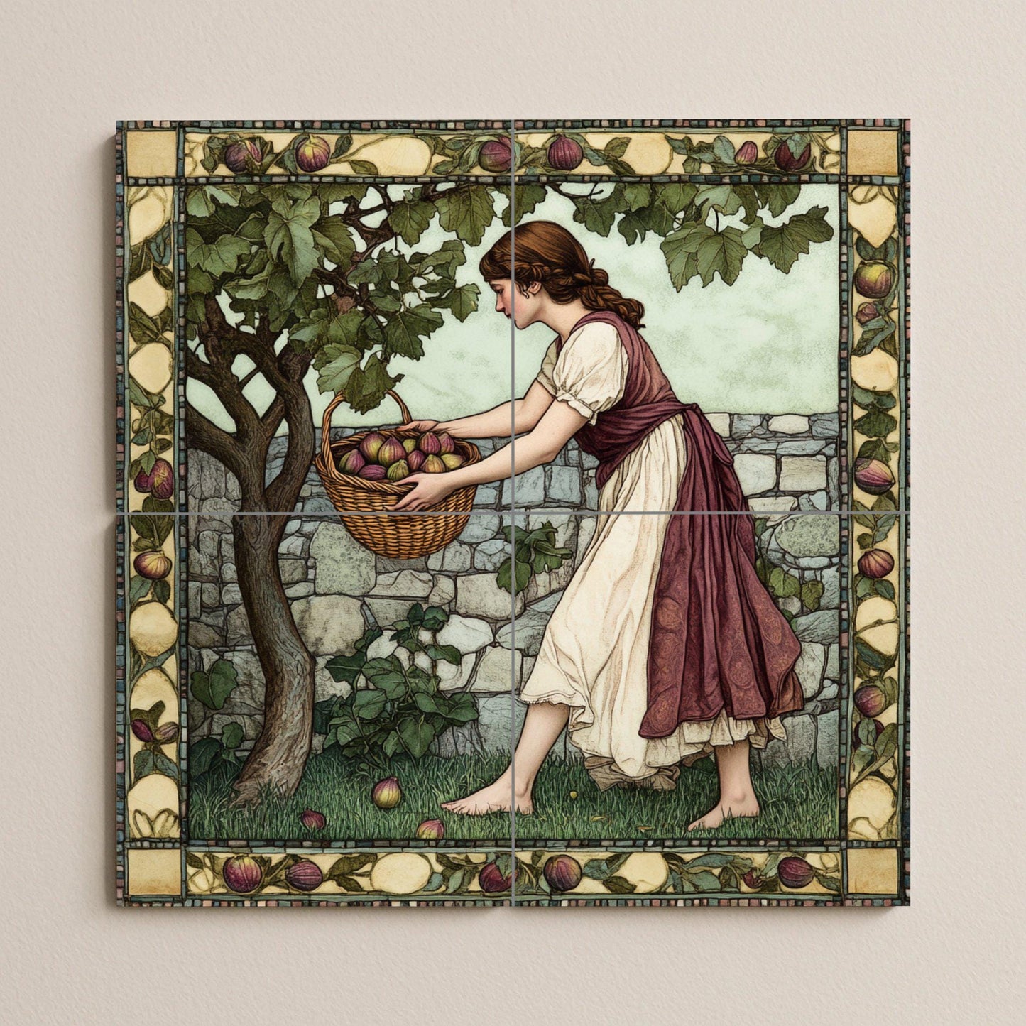 Ceramic mural of the fig harvest: rustic mosaic with a young woman picking fruit, a fruit tree, a stone wall, a decorative border and a bucolic artwork.