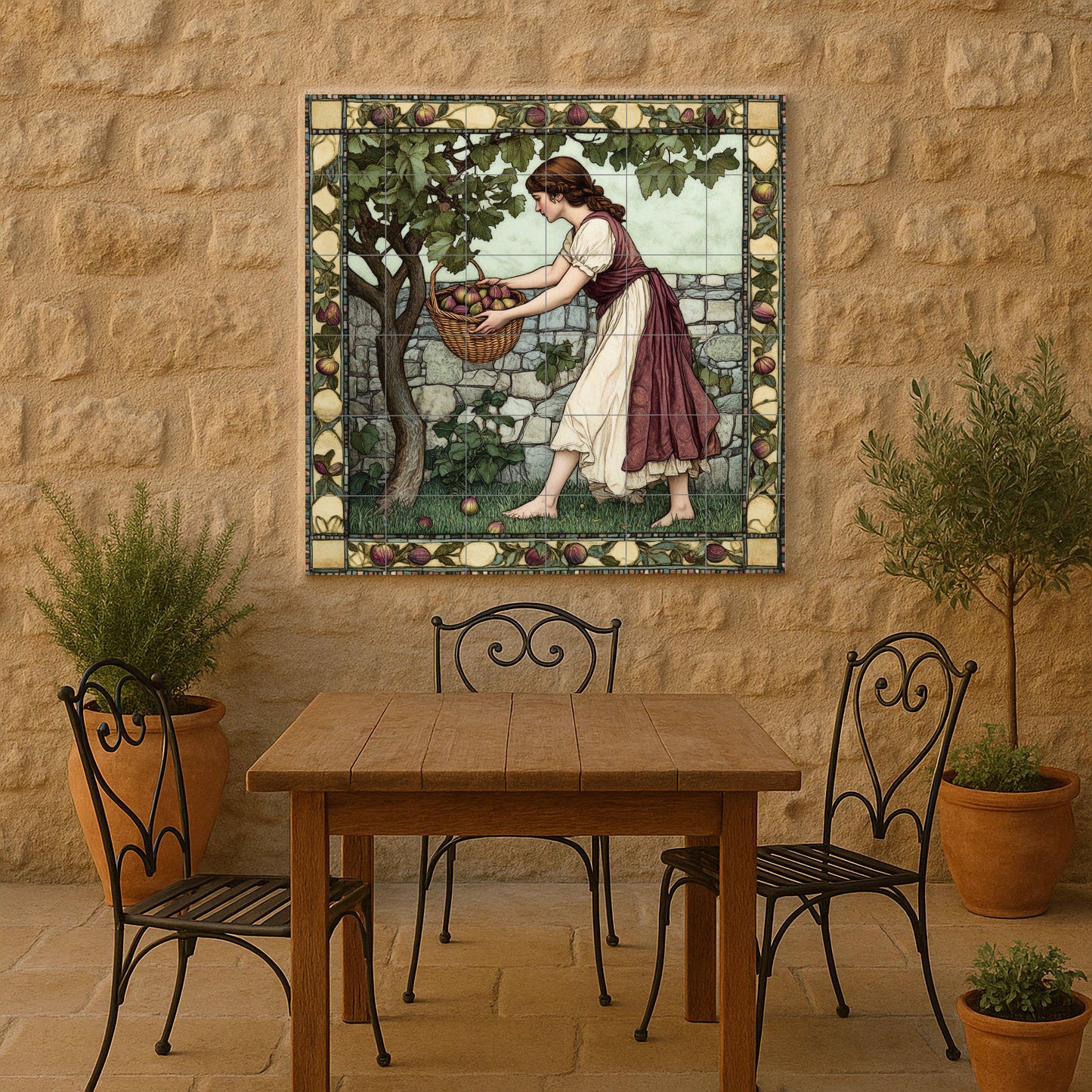 Ceramic mural of the fig harvest: rustic mosaic with a young woman picking fruit, a fruit tree, a stone wall, a decorative border and a bucolic artwork.