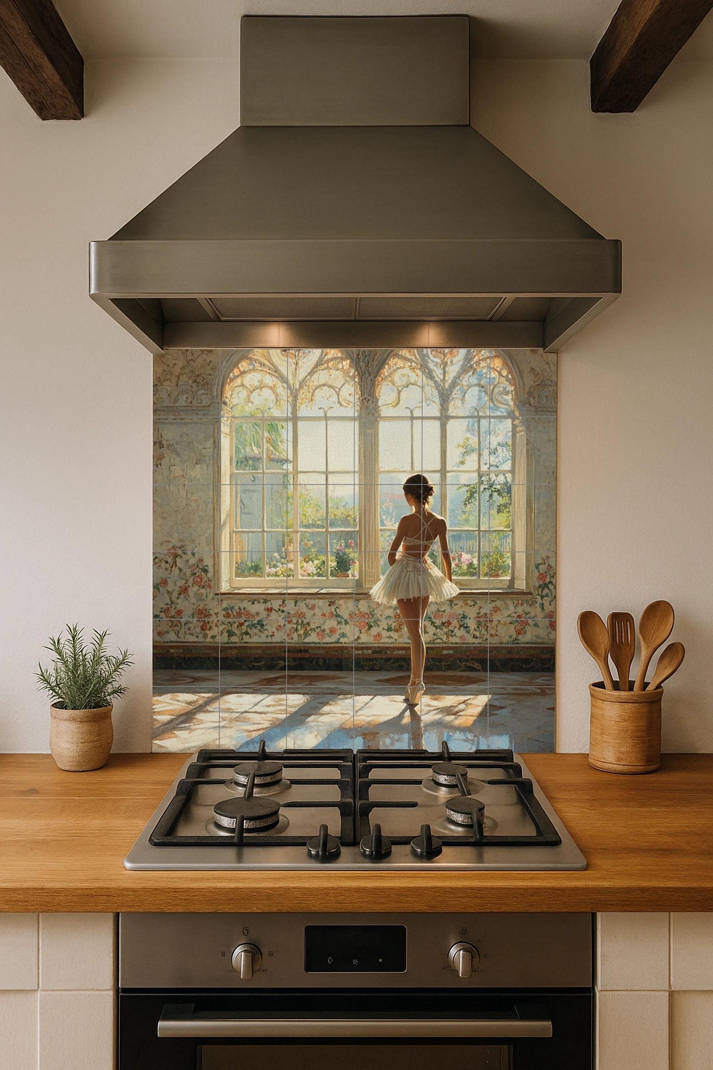 Ceramic mural of a ballerina: elegant dance mosaic with a sunny window, floral walls, classic elegance, and romantic light. Artistic tiles.