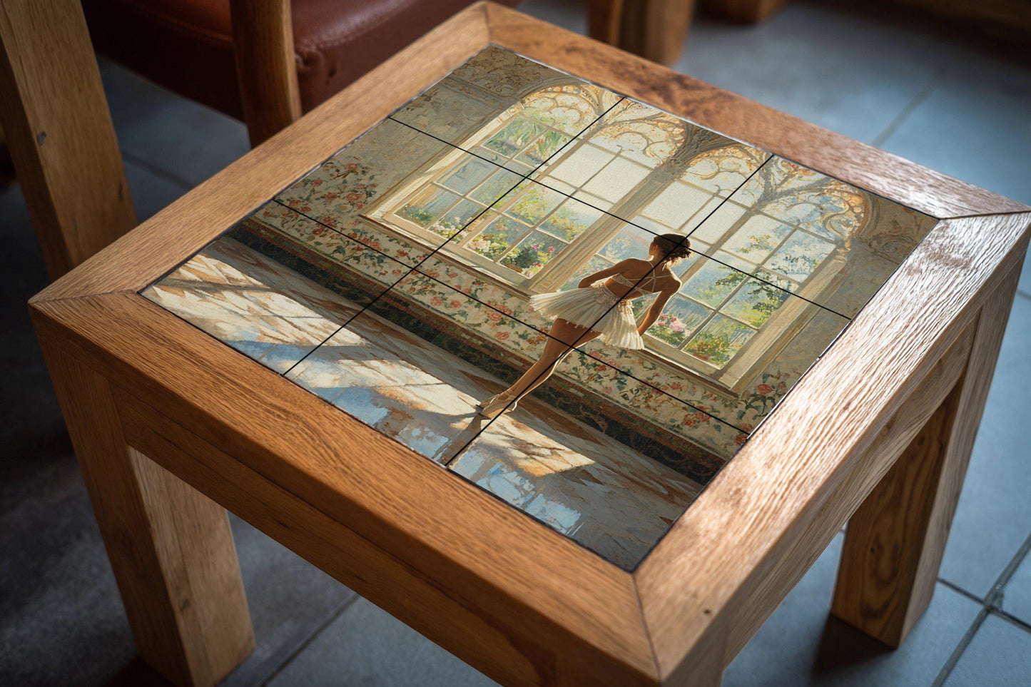Ceramic mural of a ballerina: elegant dance mosaic with a sunny window, floral walls, classic elegance, and romantic light. Artistic tiles.