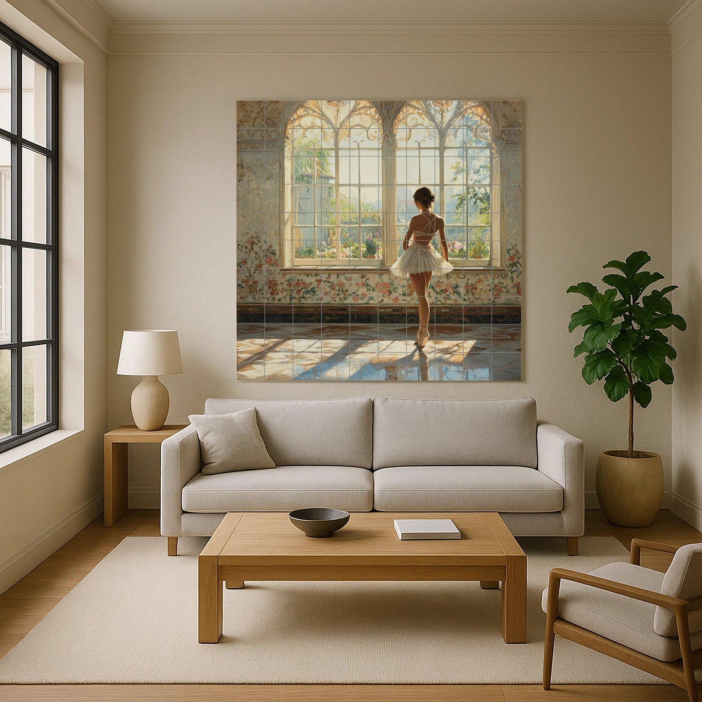 Ceramic mural of a ballerina: elegant dance mosaic with a sunny window, floral walls, classic elegance, and romantic light. Artistic tiles.
