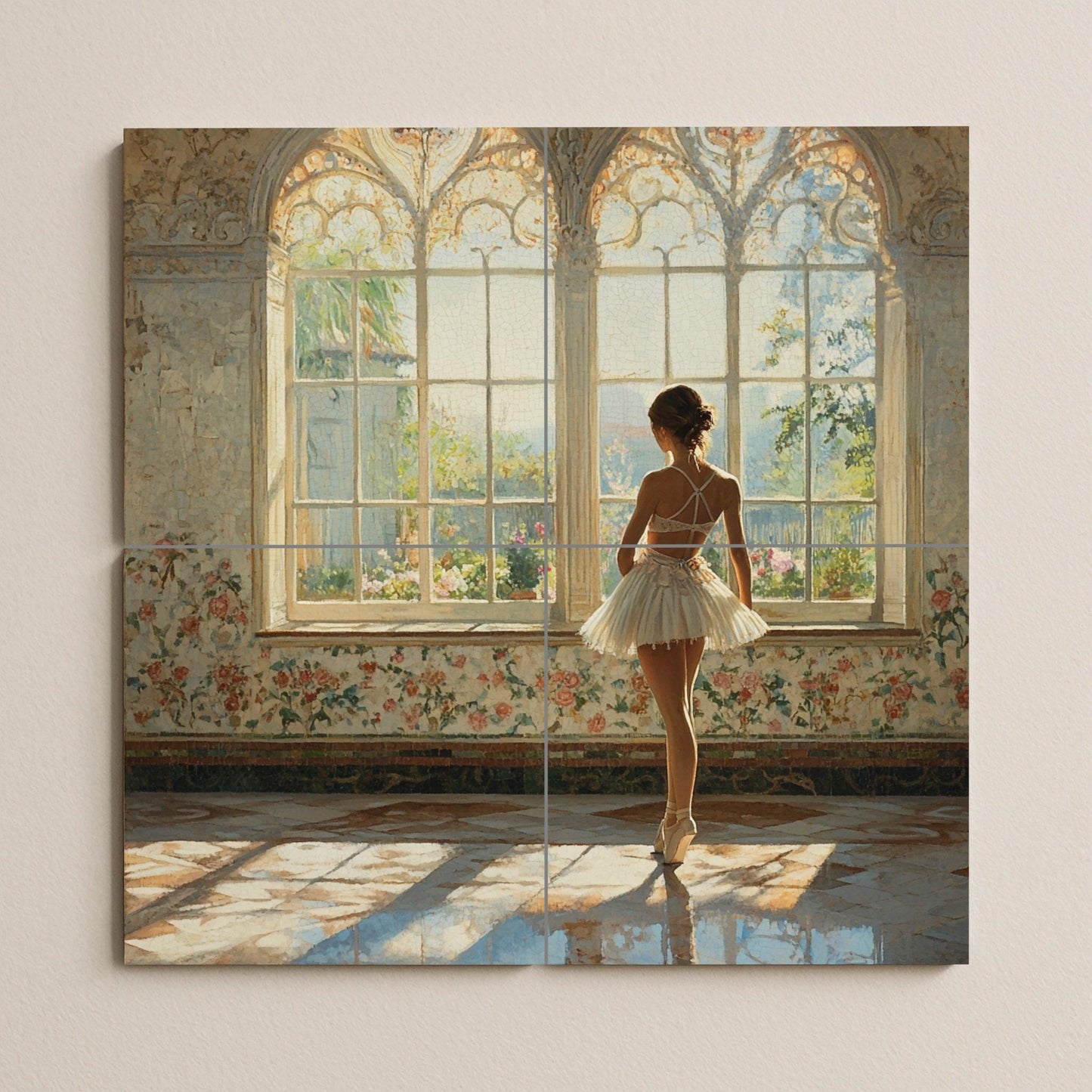 Ceramic mural of a ballerina: elegant dance mosaic with a sunny window, floral walls, classic elegance, and romantic light. Artistic tiles.